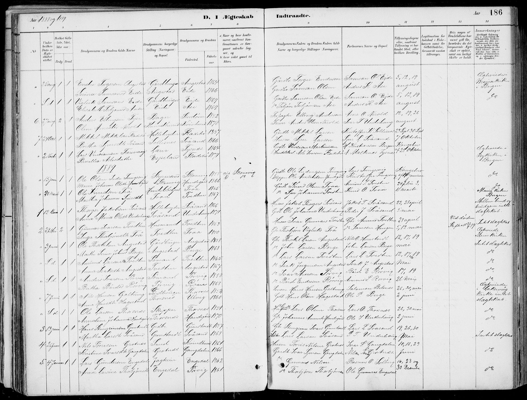 Strandebarm sokneprestembete, SAB/A-78401/H/Haa: Parish register (official) no. E  1, 1886-1908, p. 186