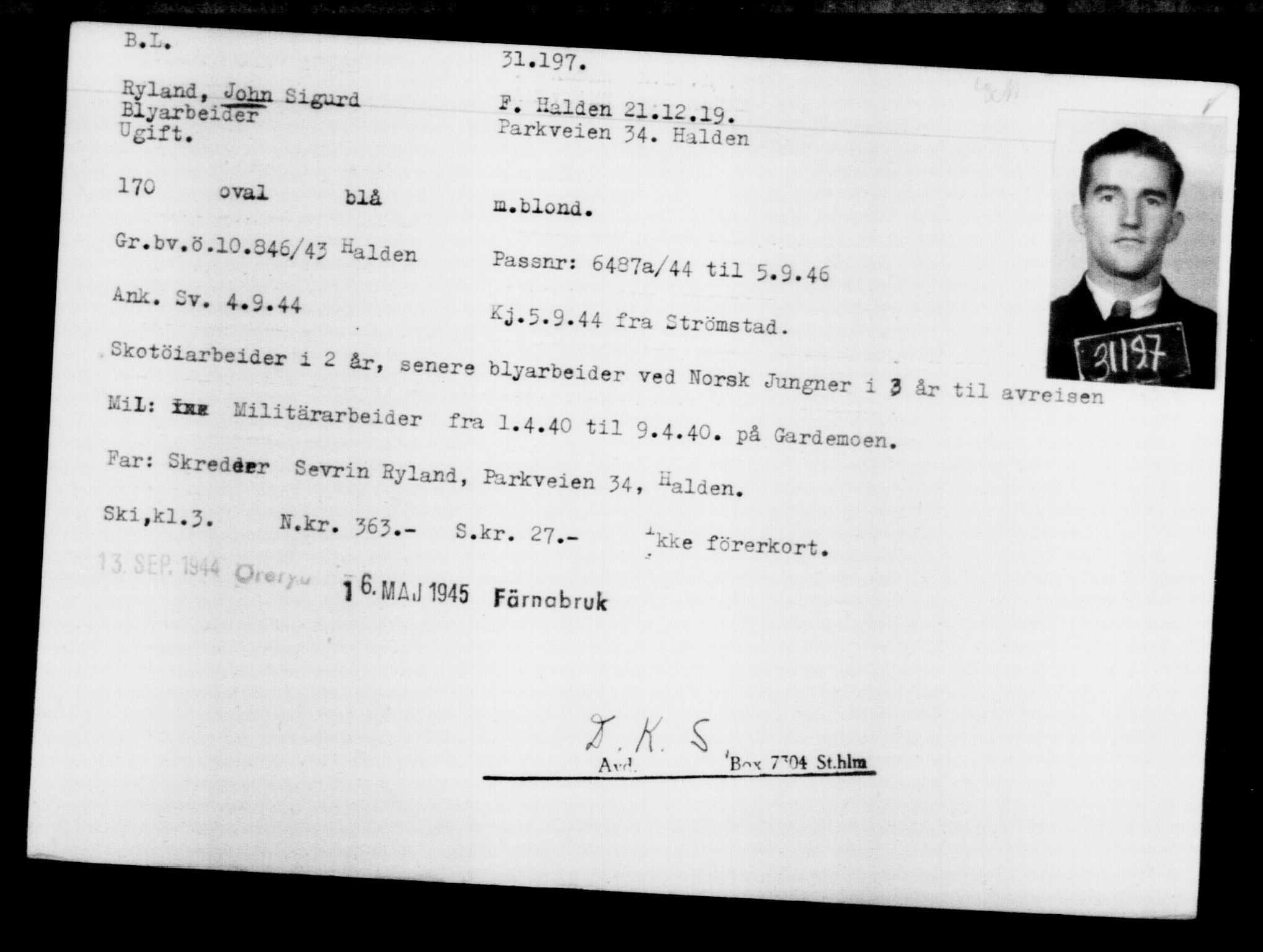 Utenriksstasjonene, Legasjonen i Stockholm, Flyktningkontoret, AV/RA-S-6753/V/Va/L0012: Kjesäterkartoteket, flyktninger med registreringsnr. 28300-31566, 1940-1945, p. 3138