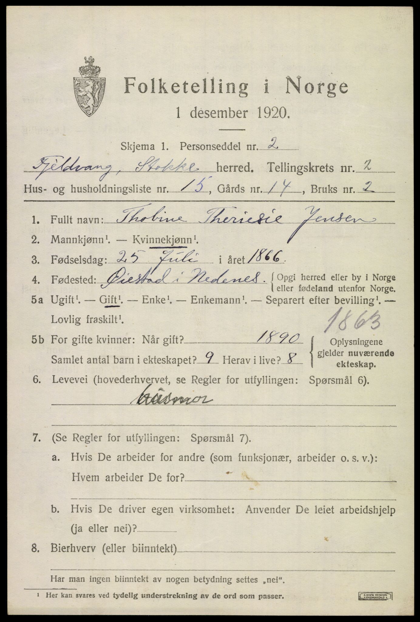 SAKO, 1920 census for Stokke, 1920, p. 3142