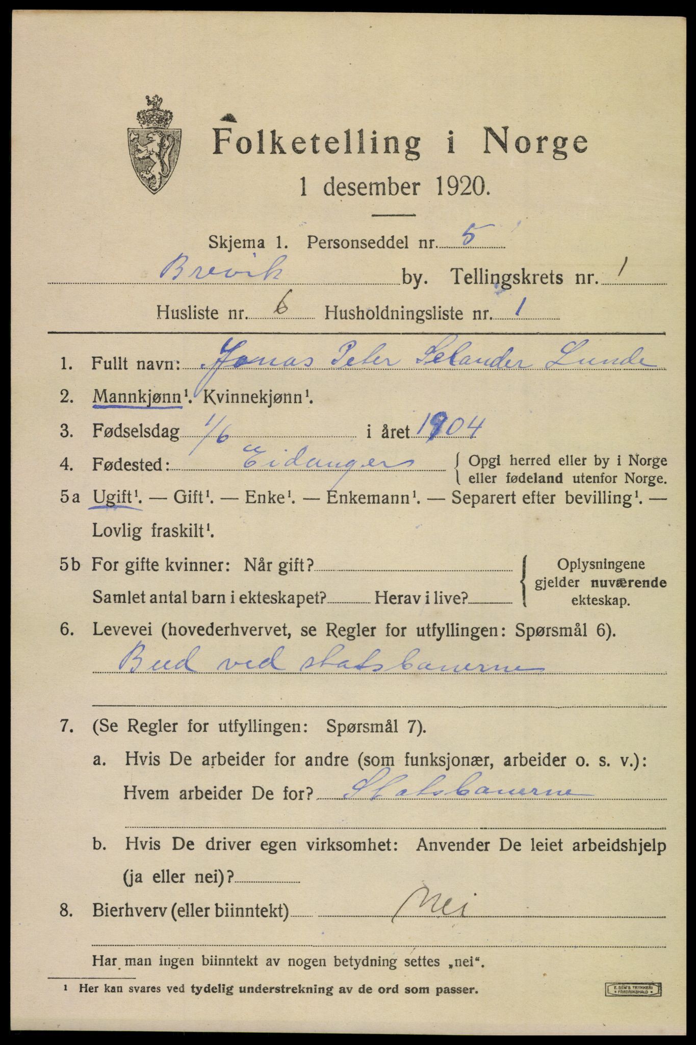 SAKO, 1920 census for Brevik, 1920, p. 2186