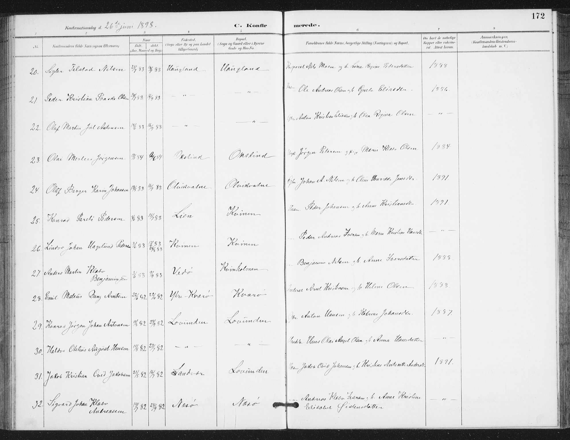 Ministerialprotokoller, klokkerbøker og fødselsregistre - Nordland, AV/SAT-A-1459/839/L0573: Parish register (copy) no. 839C03, 1892-1917, p. 172