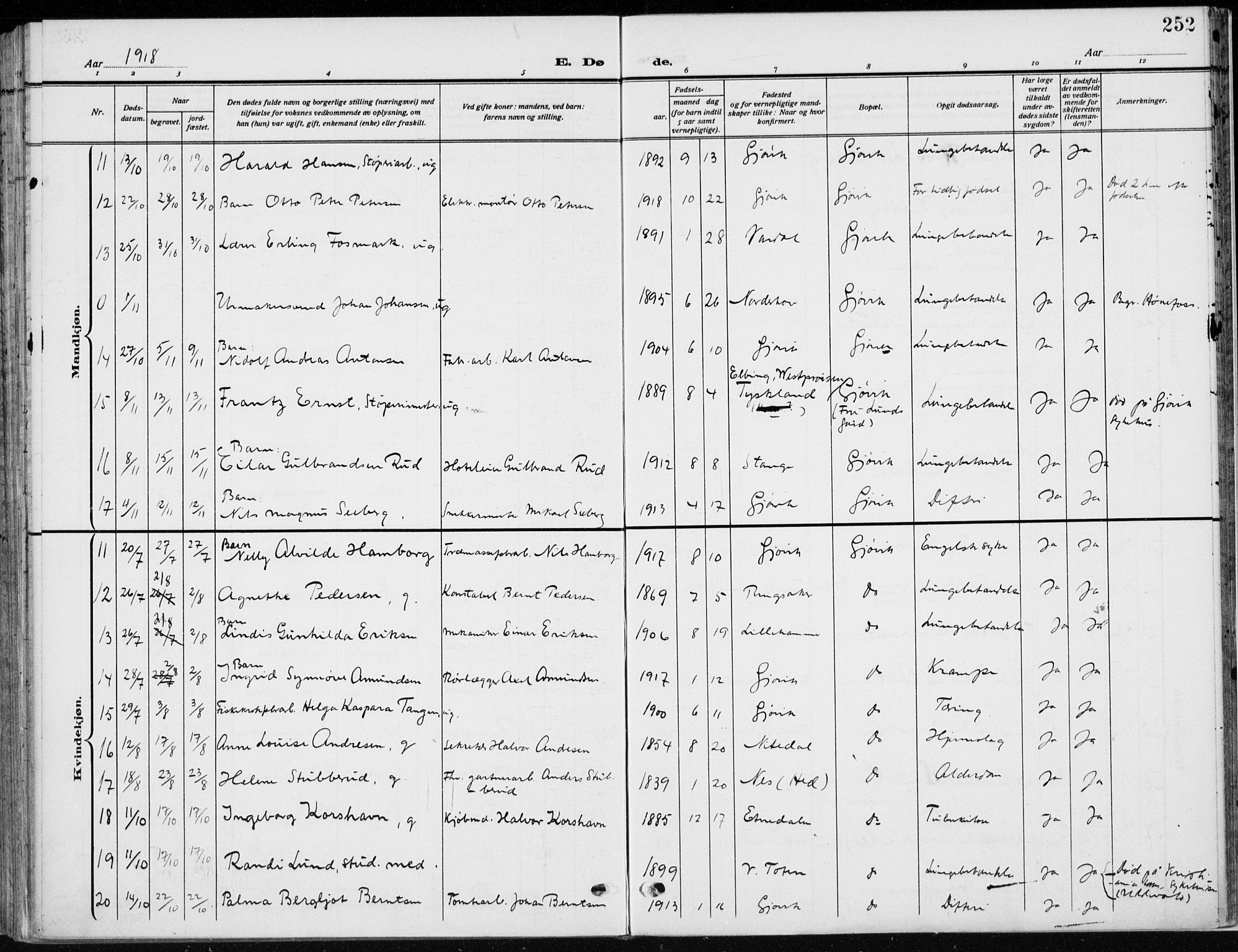 Vardal prestekontor, SAH/PREST-100/H/Ha/Haa/L0014: Parish register (official) no. 14, 1912-1922, p. 252