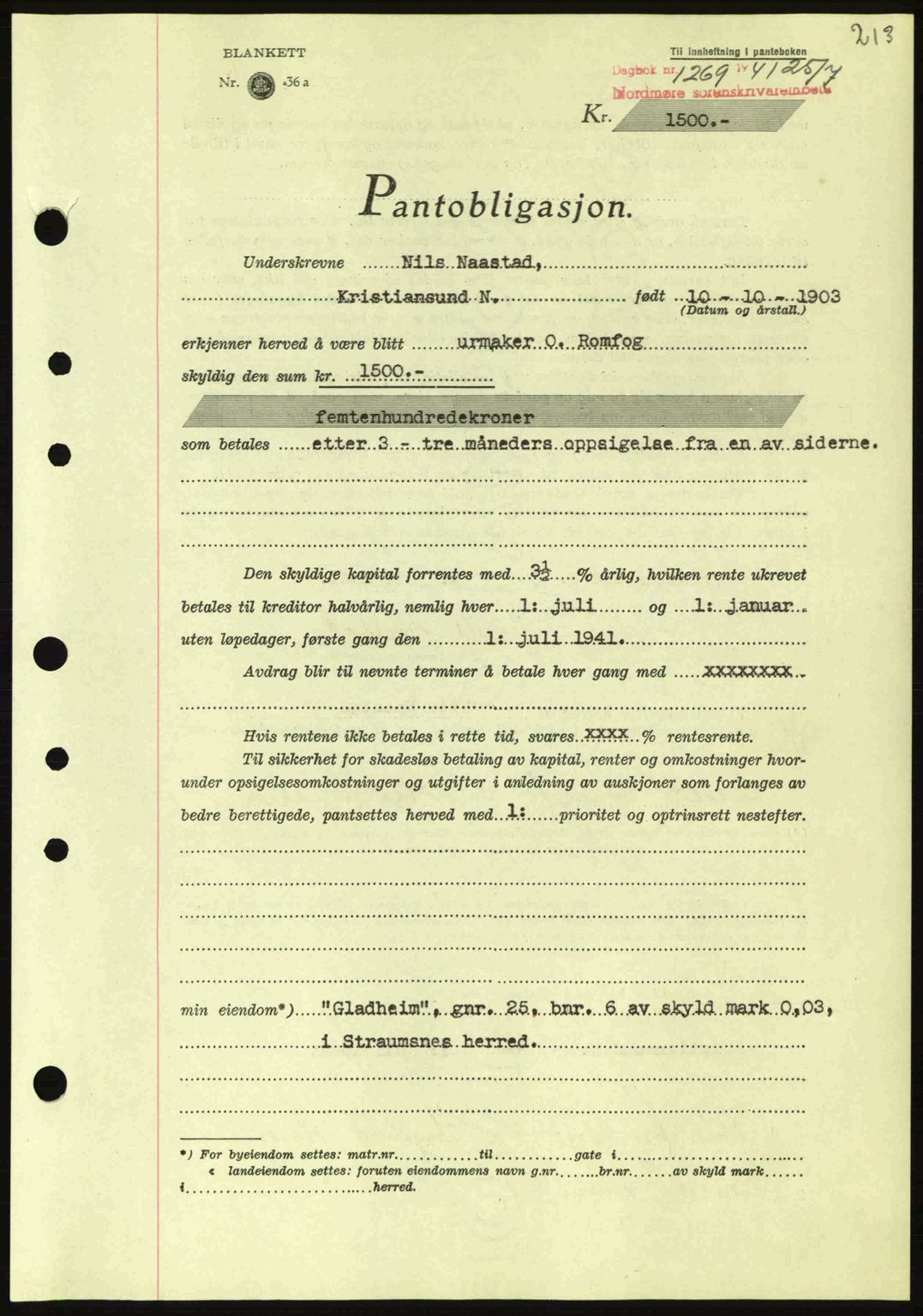 Nordmøre sorenskriveri, AV/SAT-A-4132/1/2/2Ca: Mortgage book no. B88, 1941-1942, Diary no: : 1269/1941