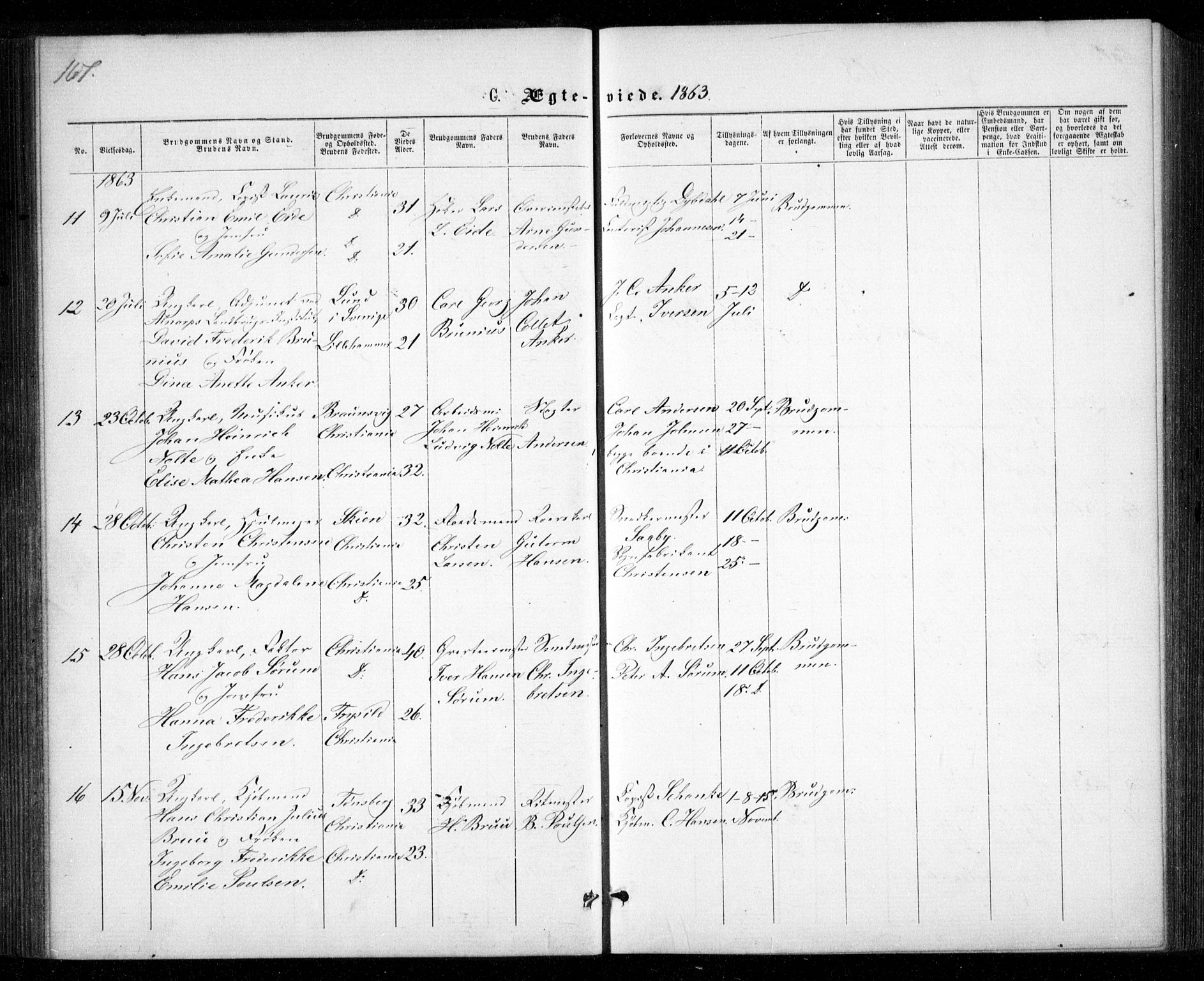 Garnisonsmenigheten Kirkebøker, SAO/A-10846/G/Ga/L0006: Parish register (copy) no. 6, 1860-1880, p. 167