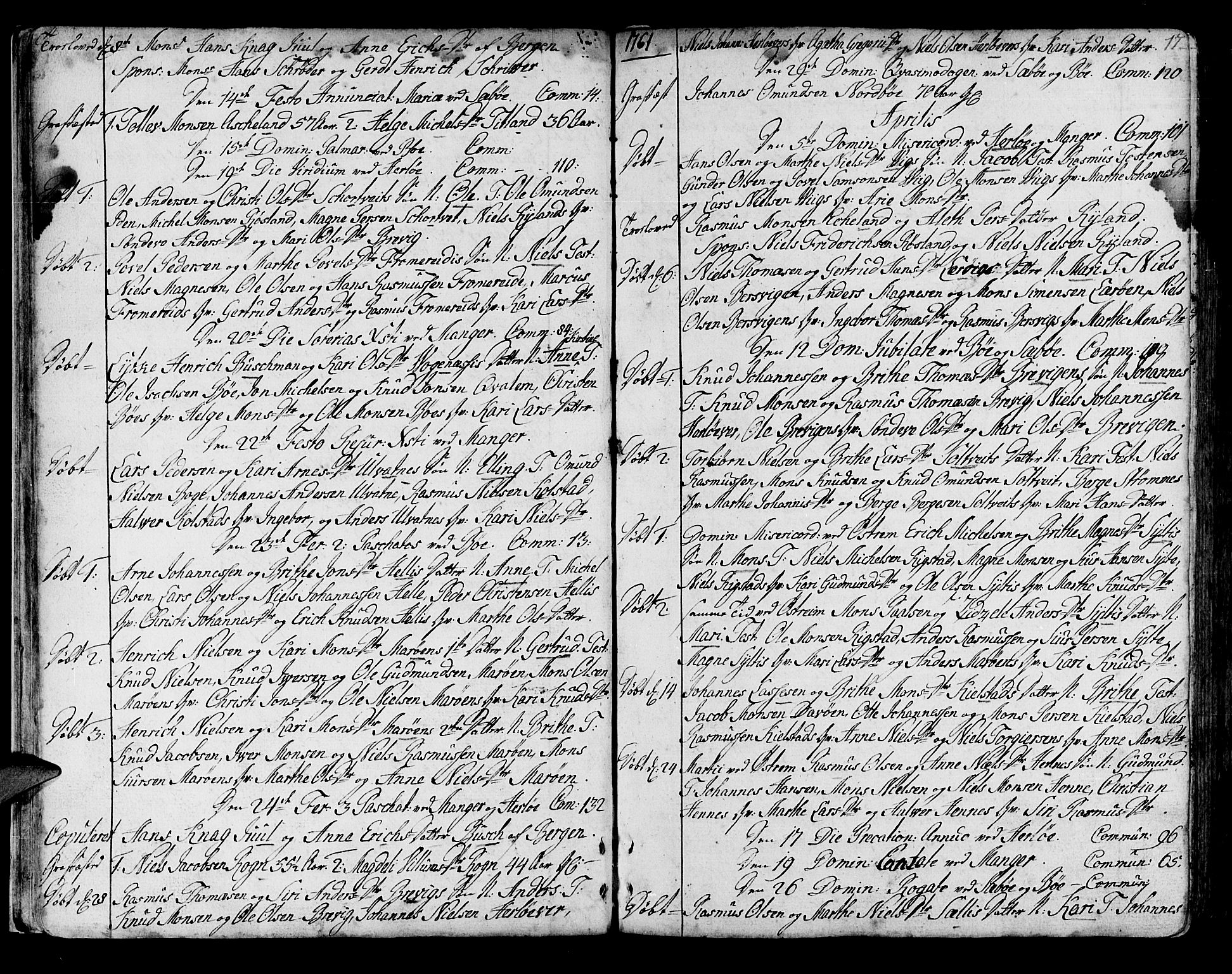 Manger sokneprestembete, AV/SAB-A-76801/H/Haa: Parish register (official) no. A 1, 1759-1791, p. 17