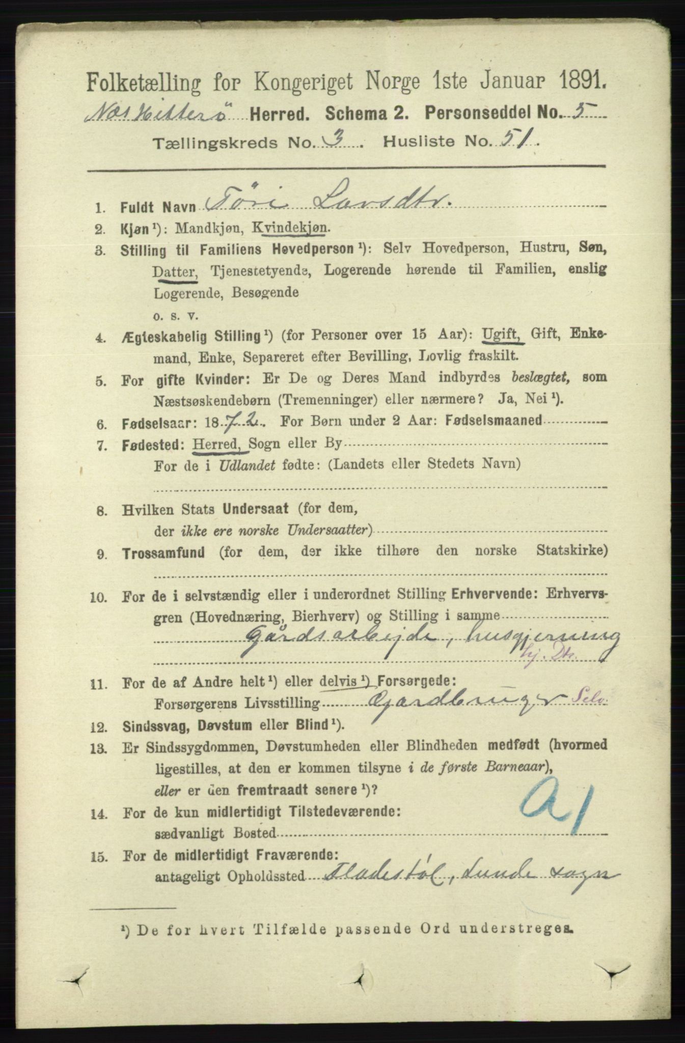 RA, 1891 census for 1043 Hidra og Nes, 1891, p. 1178