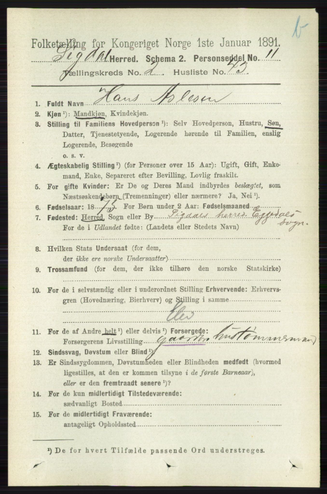 RA, 1891 census for 0621 Sigdal, 1891, p. 4144