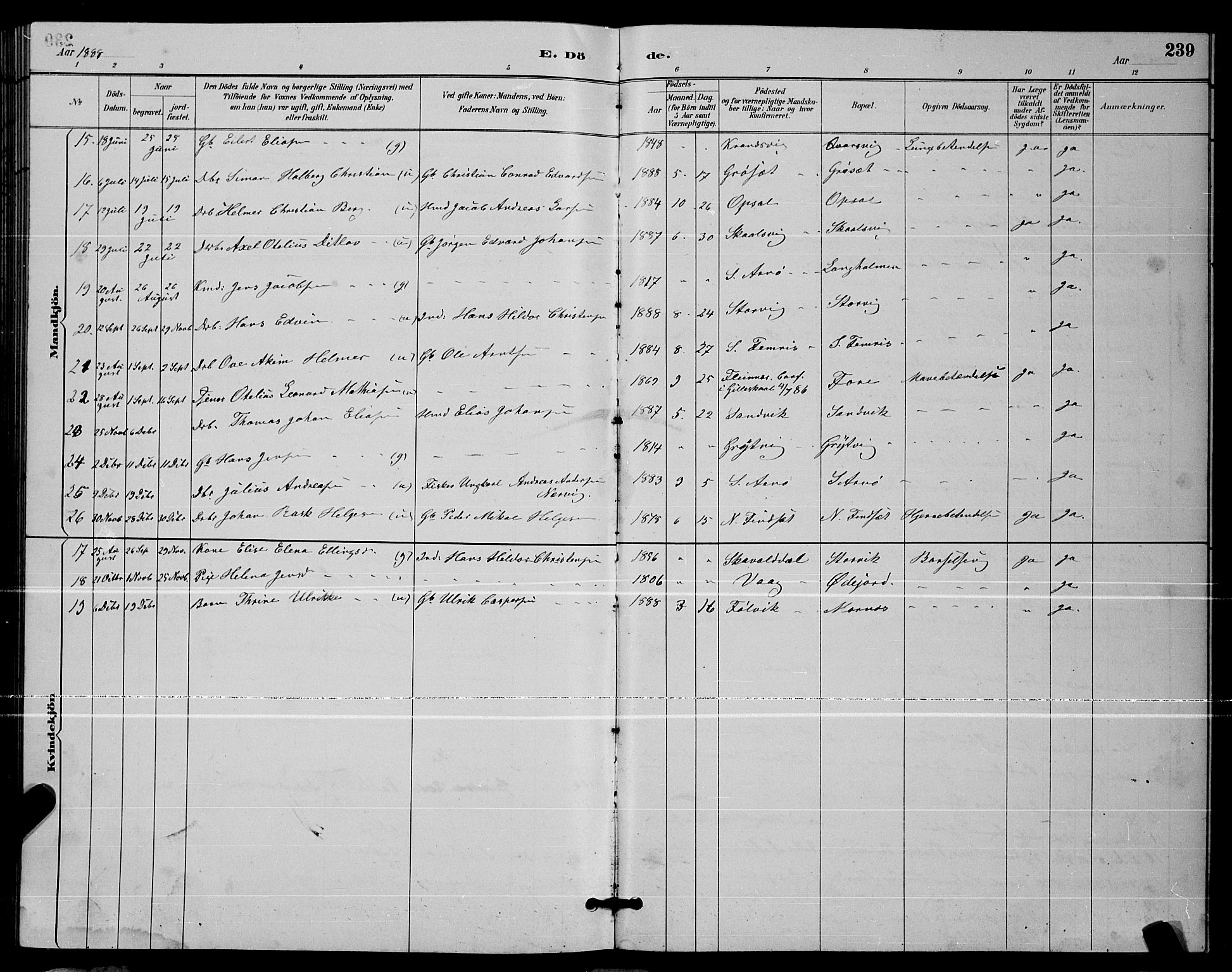 Ministerialprotokoller, klokkerbøker og fødselsregistre - Nordland, AV/SAT-A-1459/805/L0108: Parish register (copy) no. 805C04, 1885-1899, p. 239