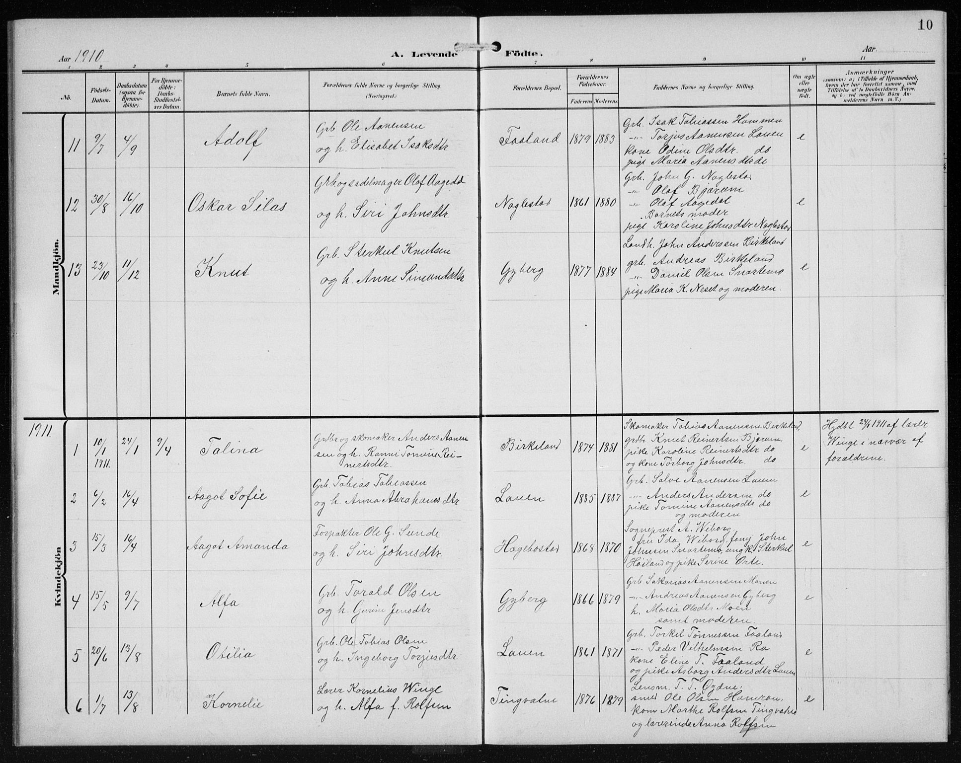 Hægebostad sokneprestkontor, AV/SAK-1111-0024/F/Fb/Fba/L0005: Parish register (copy) no. B 5, 1907-1931, p. 10