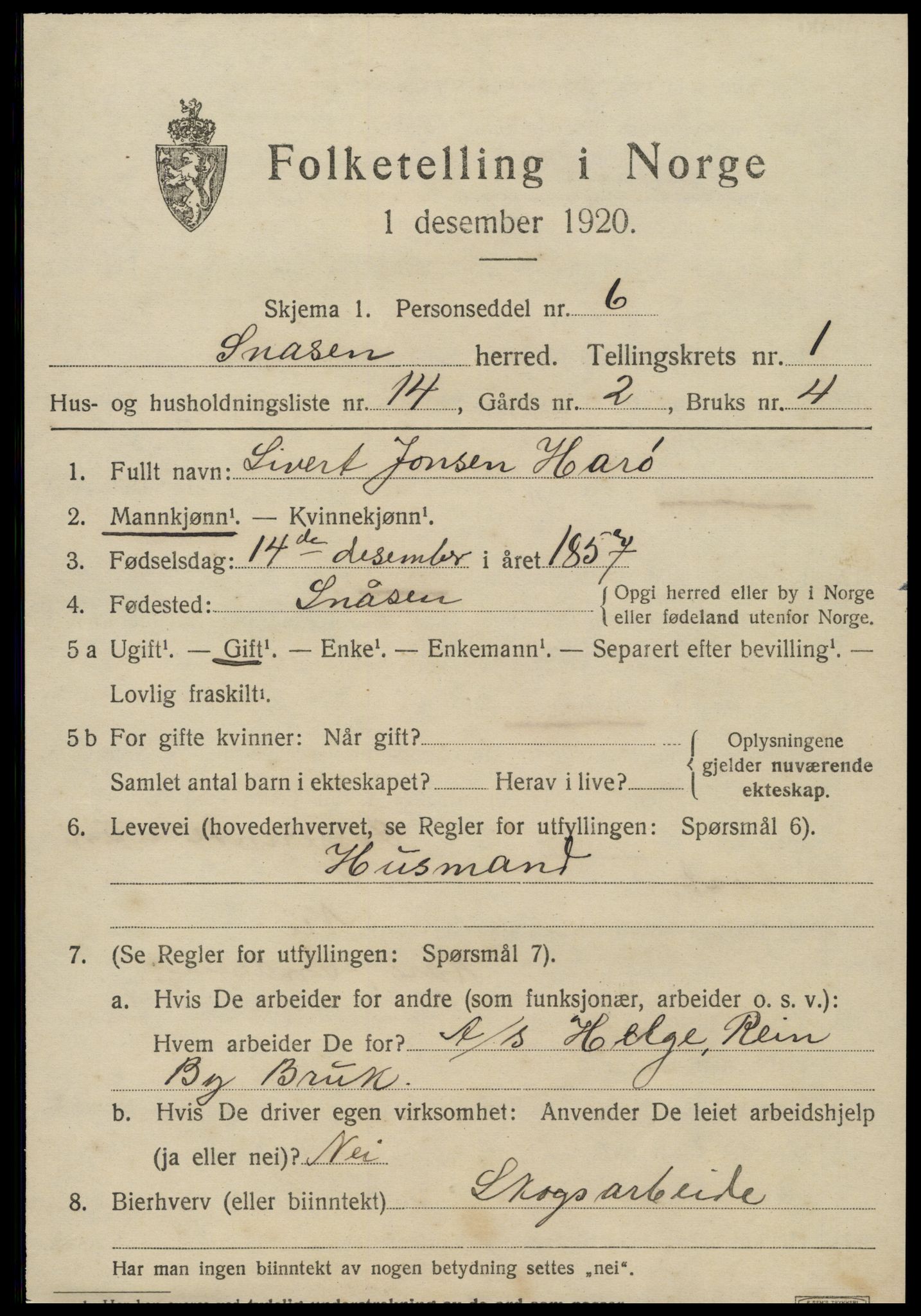 SAT, 1920 census for Snåsa, 1920, p. 1182