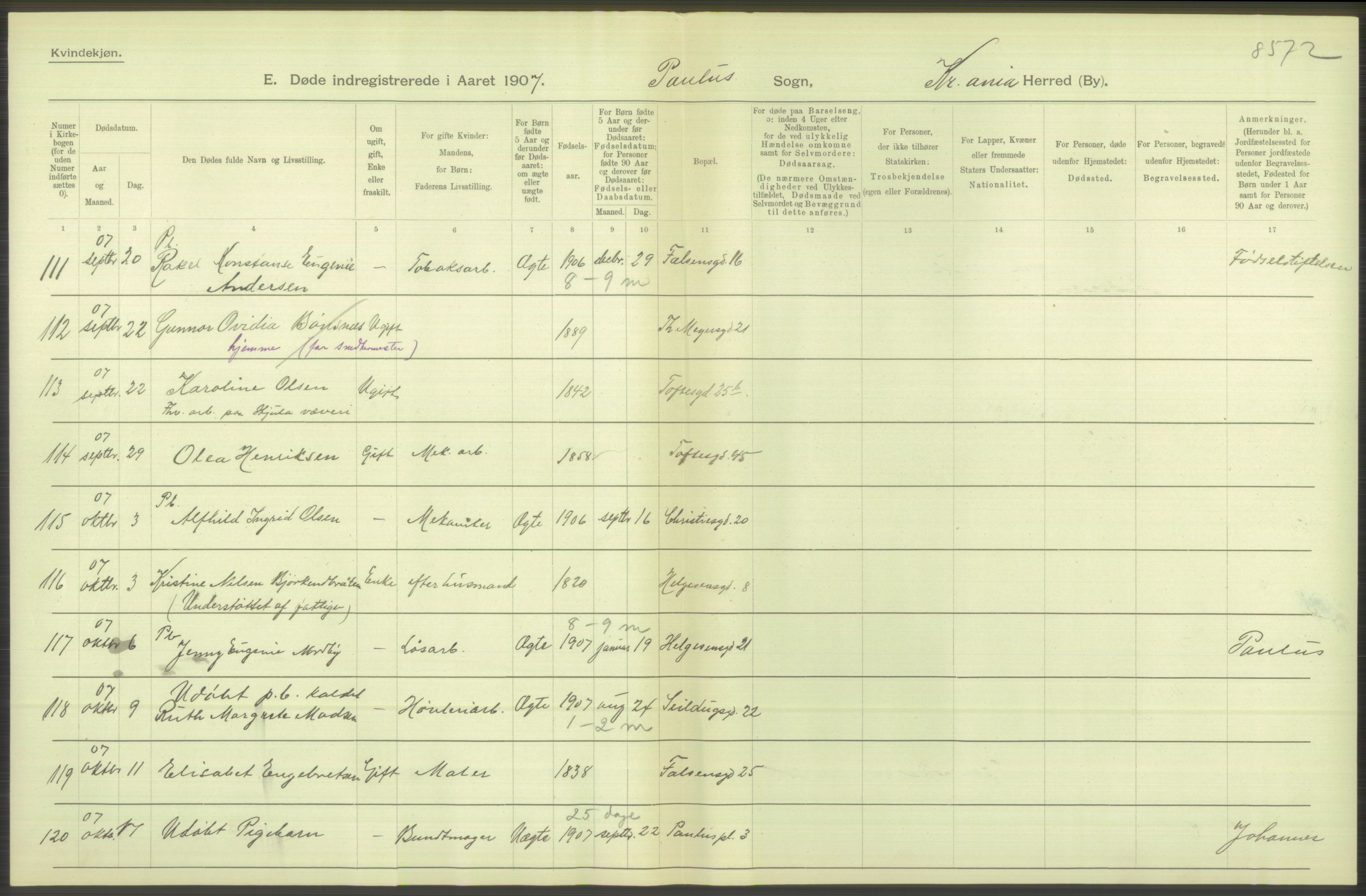 Statistisk sentralbyrå, Sosiodemografiske emner, Befolkning, AV/RA-S-2228/D/Df/Dfa/Dfae/L0009: Kristiania: Døde, 1907, p. 382