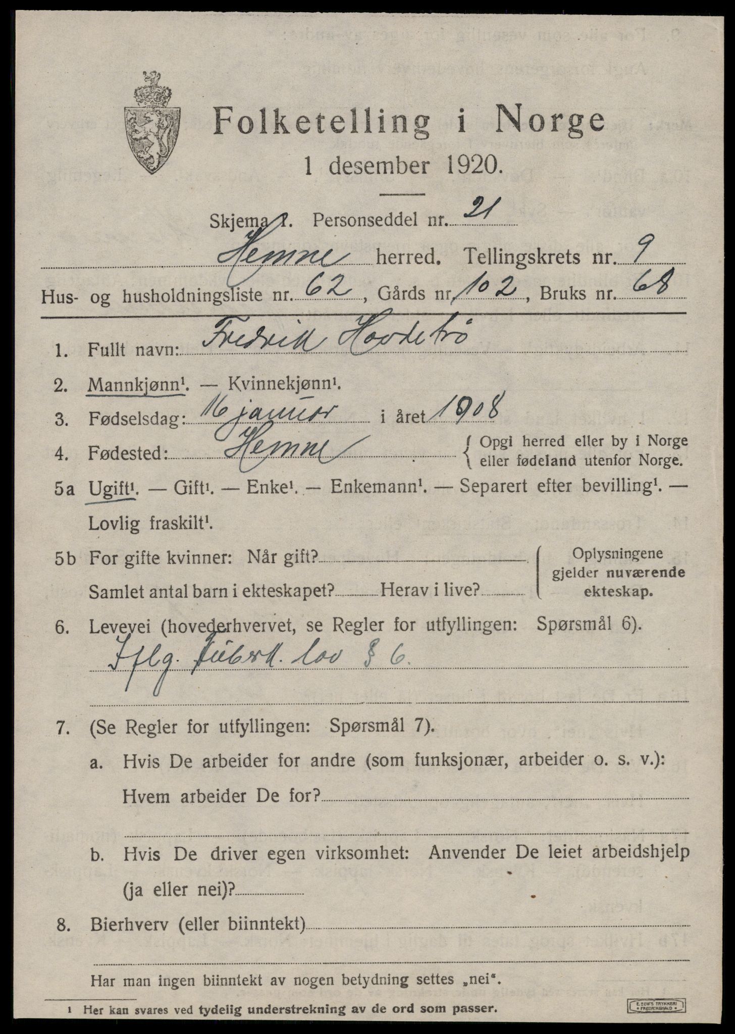 SAT, 1920 census for Hemne, 1920, p. 6120