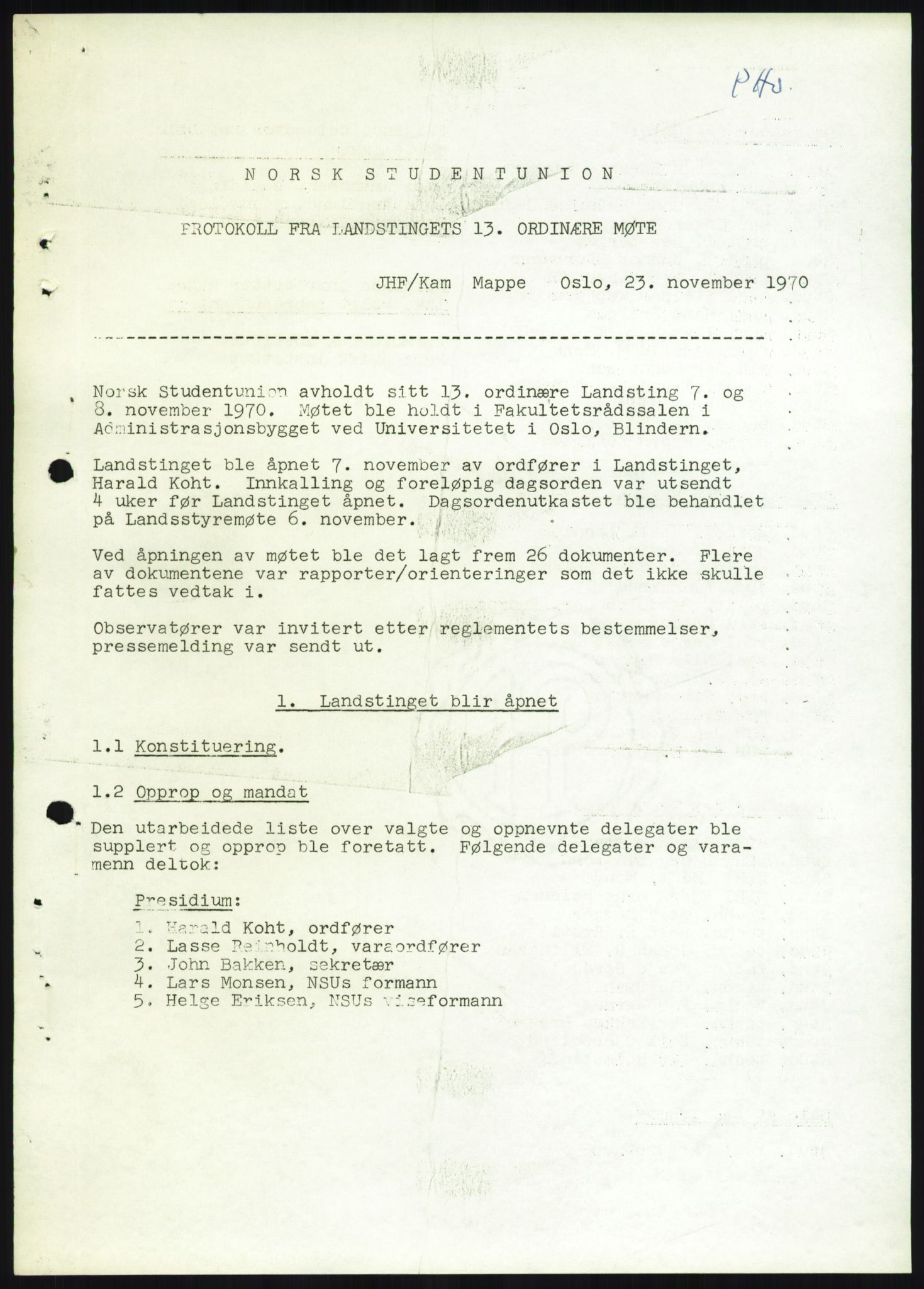 Norsk Studentunion, AV/RA-PA-0794/Fg/L0067: Landstinget, 1968-1979