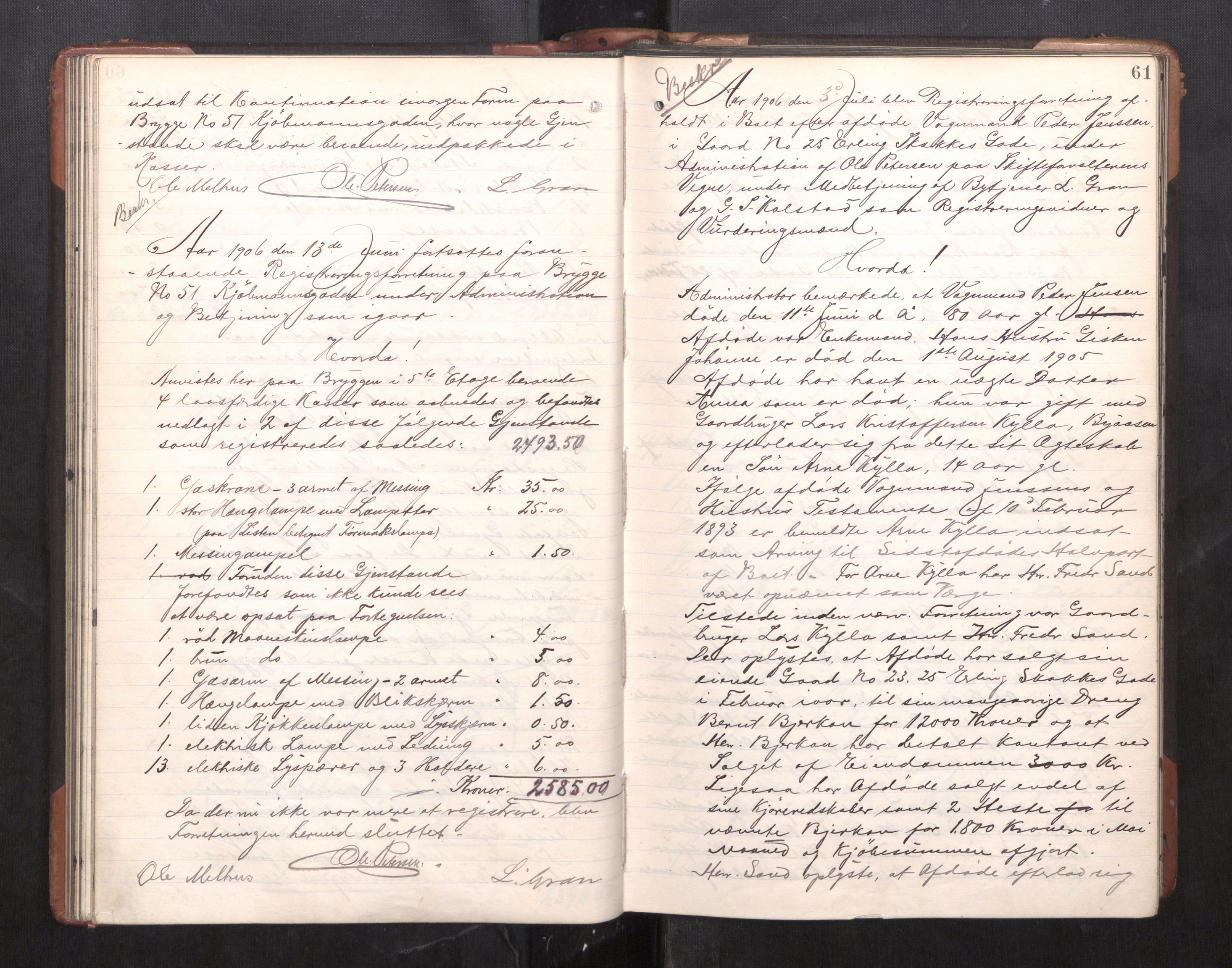 Trondheim byfogd, AV/SAT-A-0003/1/3/3C/L0025: Skifteregistreringsprotokoll - 24/1-14/7. (u/ register), 1906-1909, p. 61