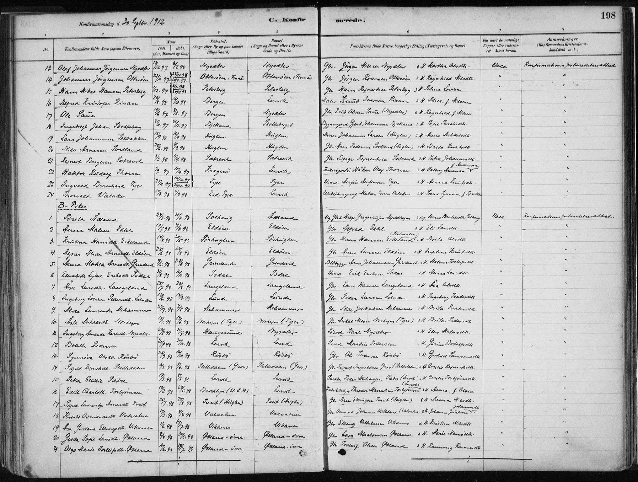 Stord sokneprestembete, AV/SAB-A-78201/H/Haa: Parish register (official) no. B 2, 1878-1913, p. 198