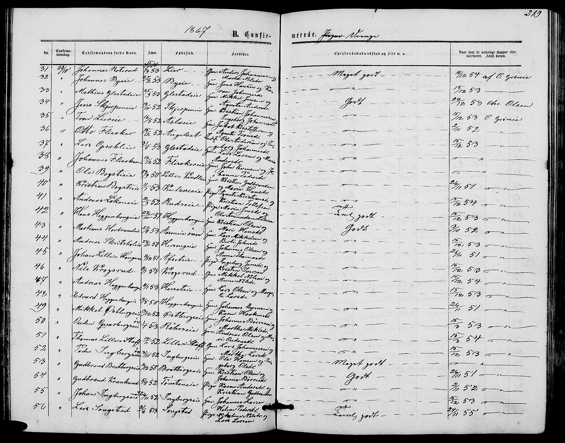Ringsaker prestekontor, AV/SAH-PREST-014/L/La/L0007: Parish register (copy) no. 7, 1861-1869, p. 219