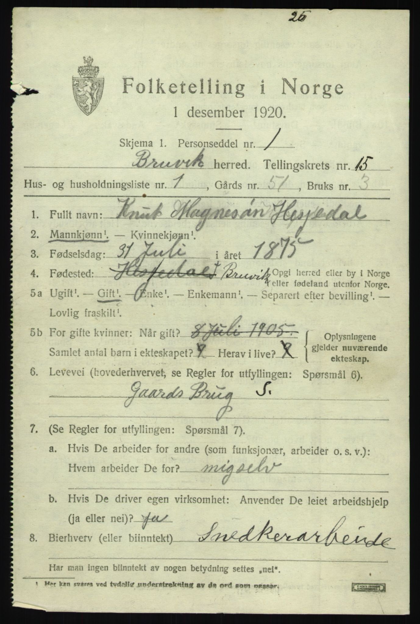 SAB, 1920 census for Bruvik, 1920, p. 9140