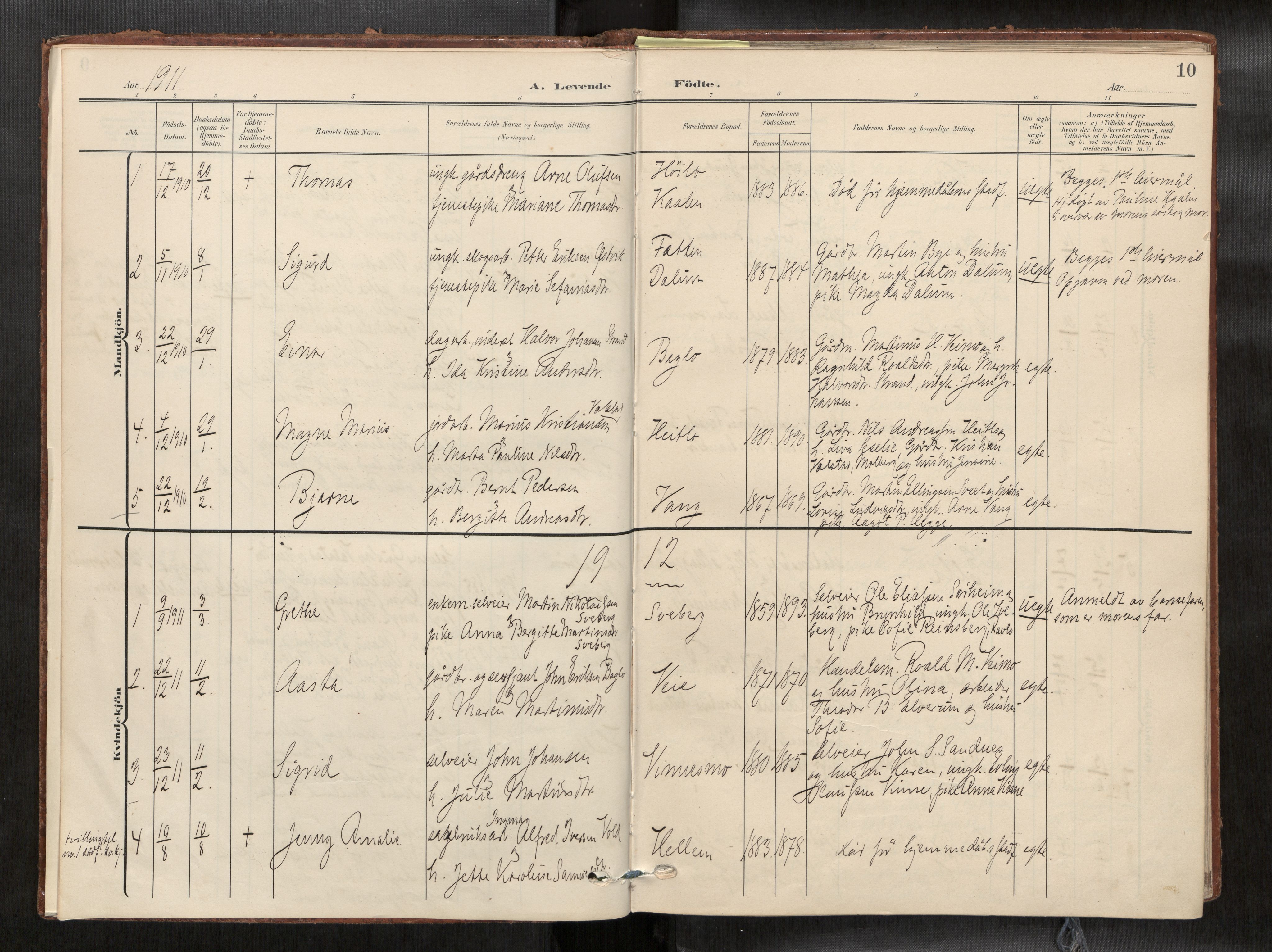 Verdal sokneprestkontor, AV/SAT-A-1156/2/H/Haa/L0003: Parish register (official) no. 3, 1907-1921, p. 10