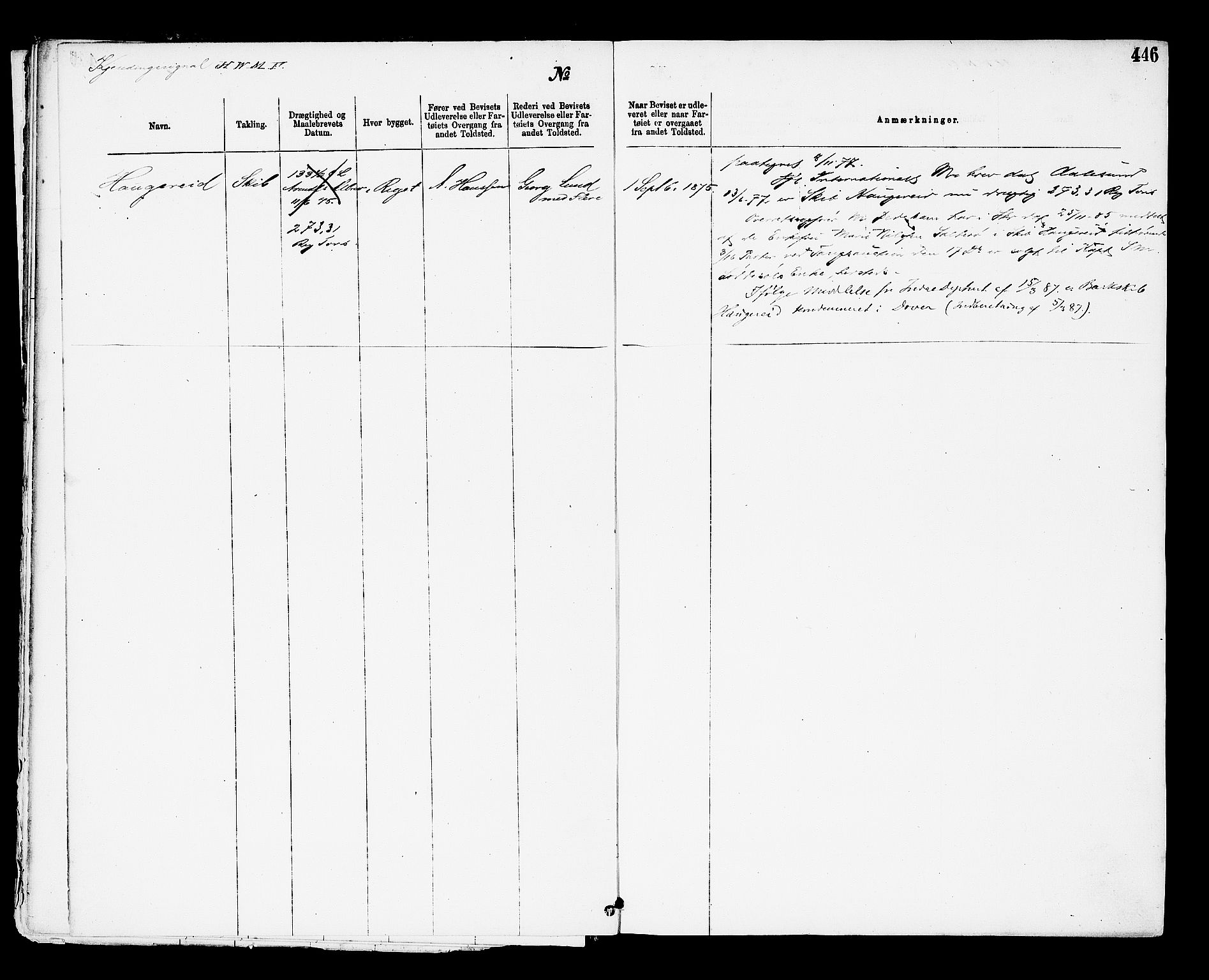 Arendal tollsted, AV/SAK-1351-0003/H/Ha/L0643: Protokoll over utleverte nasjonalitetsbevis, 1875-1892, p. 446