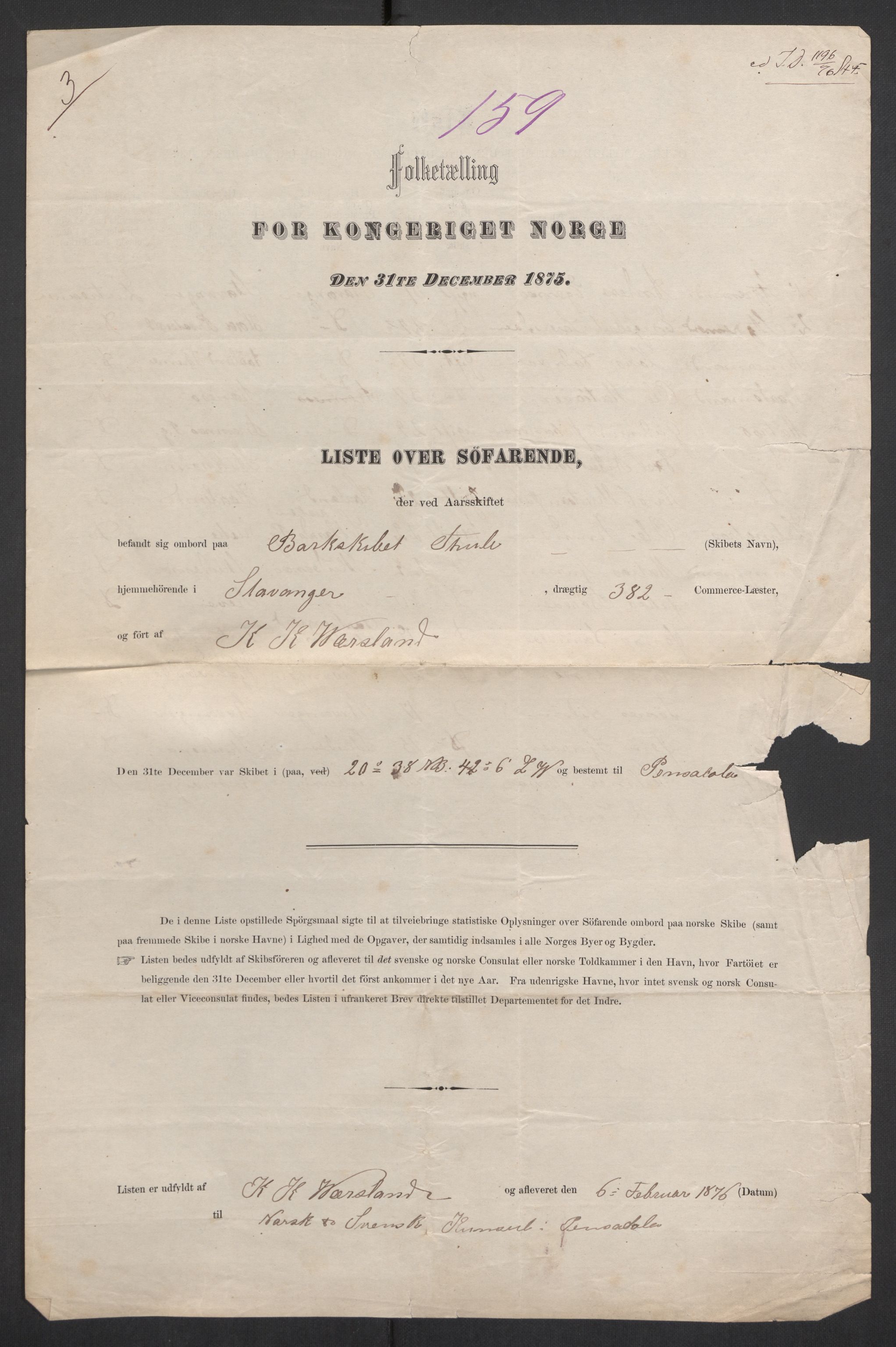 RA, 1875 census, lists of crew on ships: Ships in ports abroad, 1875, p. 734