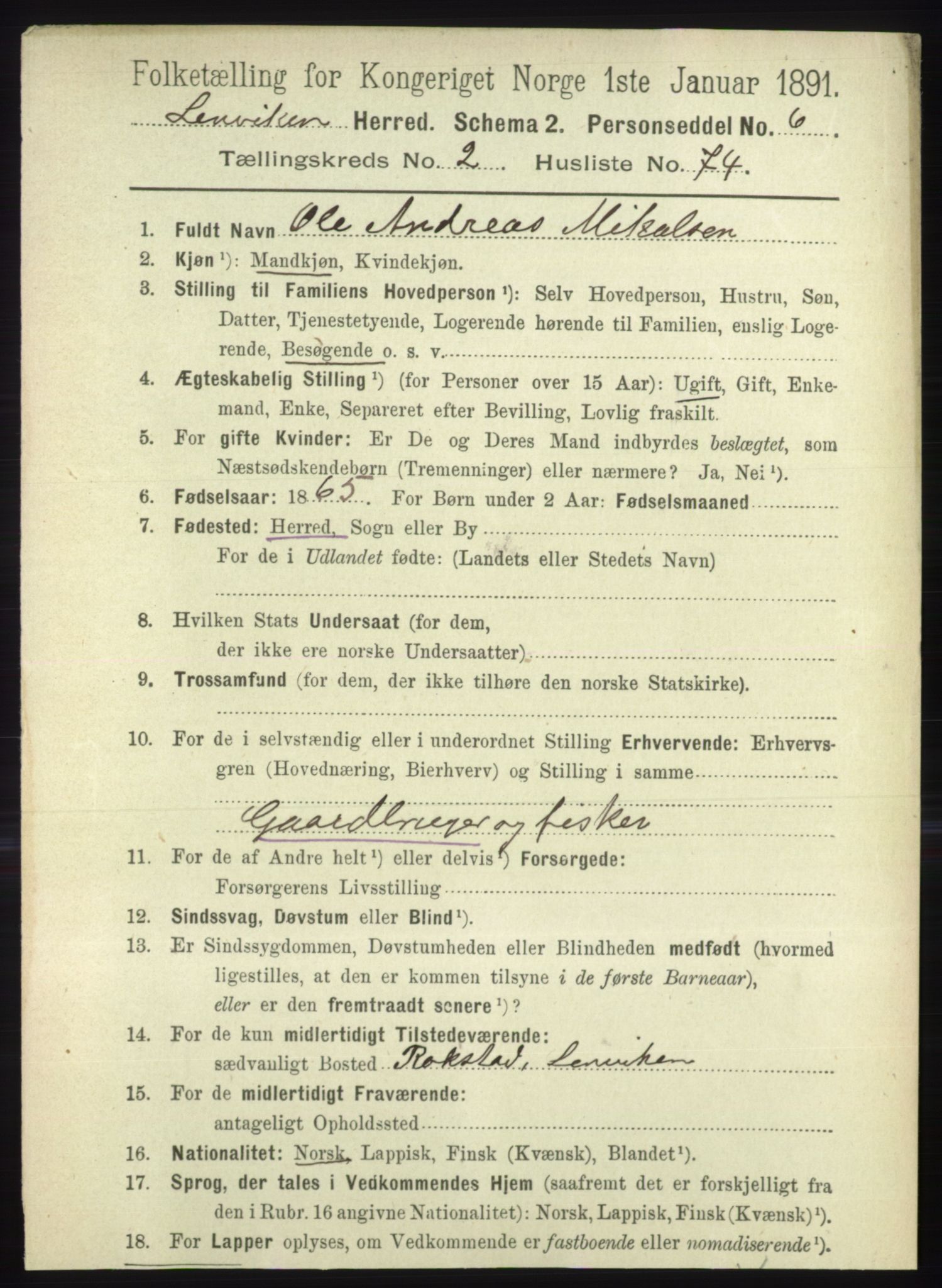 RA, 1891 census for 1931 Lenvik, 1891, p. 1279