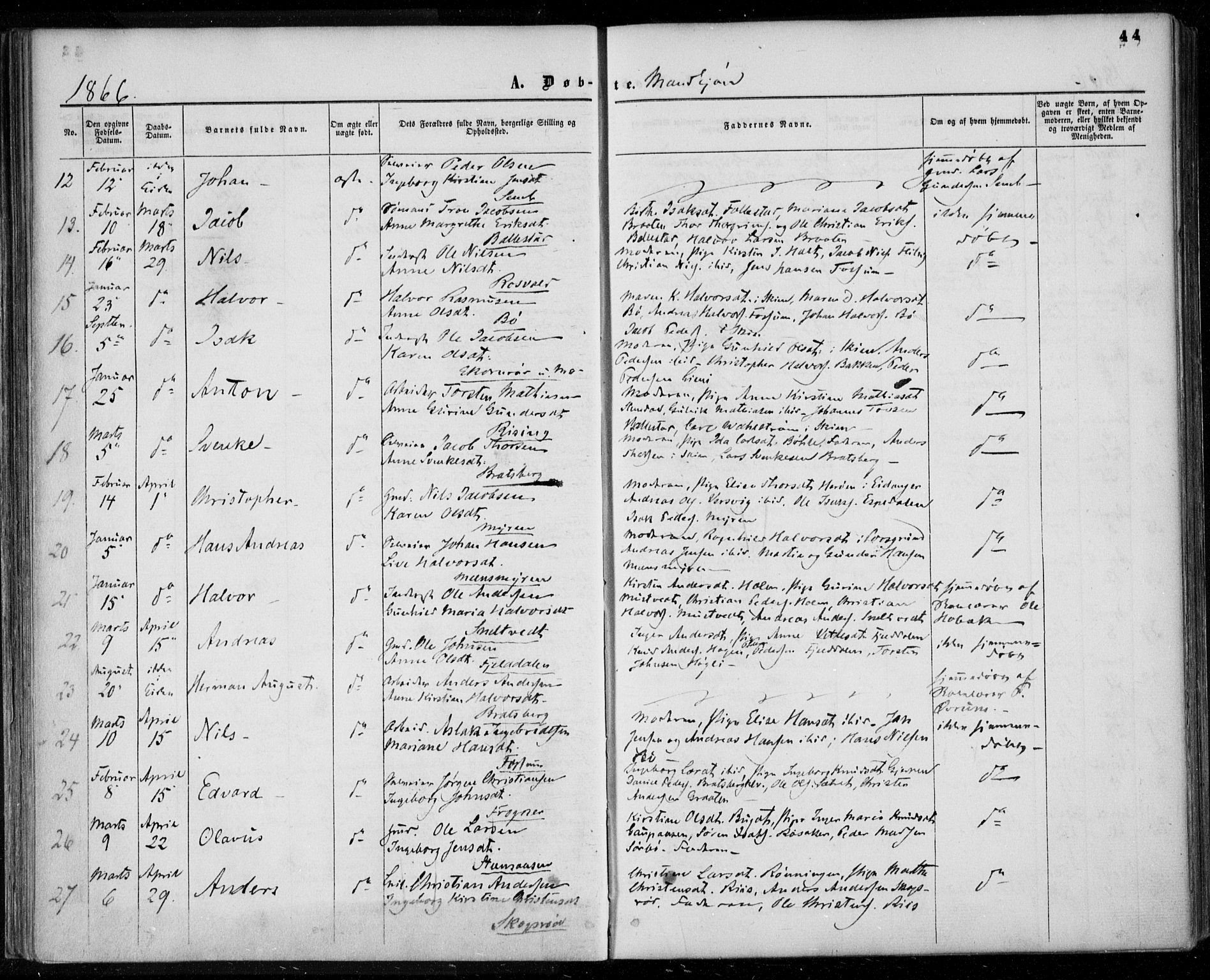 Gjerpen kirkebøker, AV/SAKO-A-265/F/Fa/L0008a: Parish register (official) no. I 8A, 1857-1871, p. 44