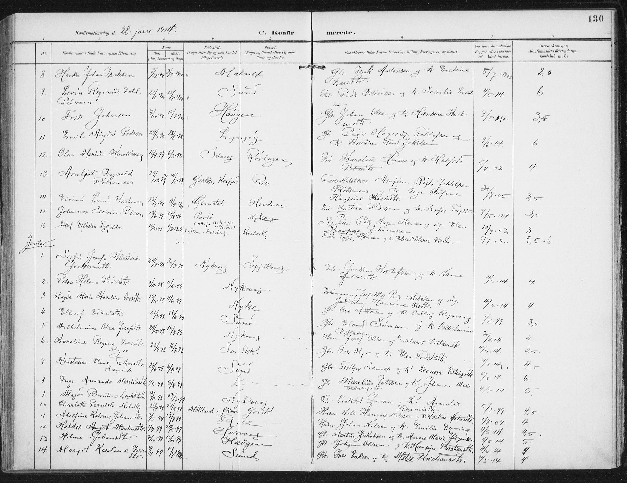 Ministerialprotokoller, klokkerbøker og fødselsregistre - Nordland, SAT/A-1459/892/L1321: Parish register (official) no. 892A02, 1902-1918, p. 130