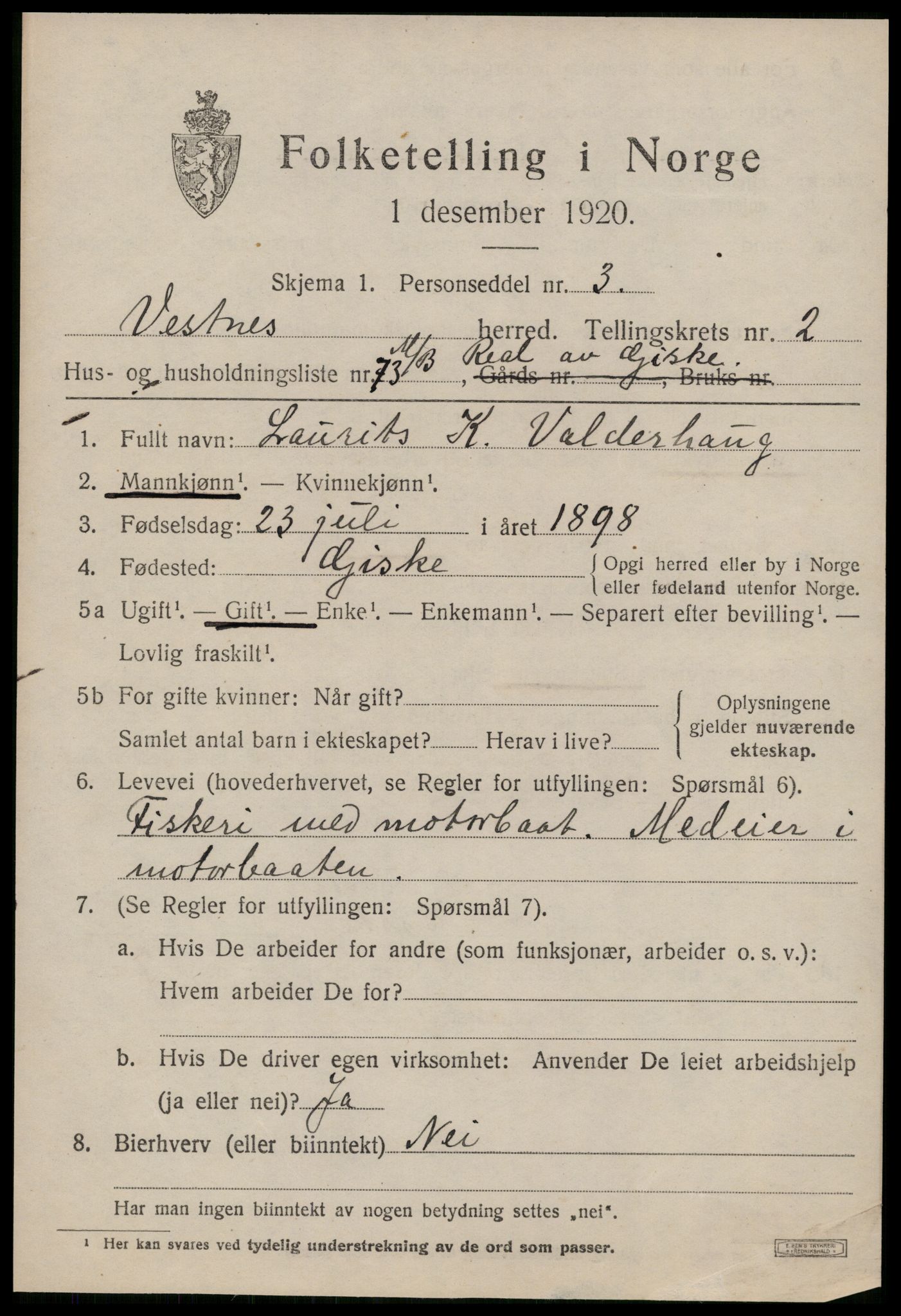 SAT, 1920 census for Vestnes, 1920, p. 2673