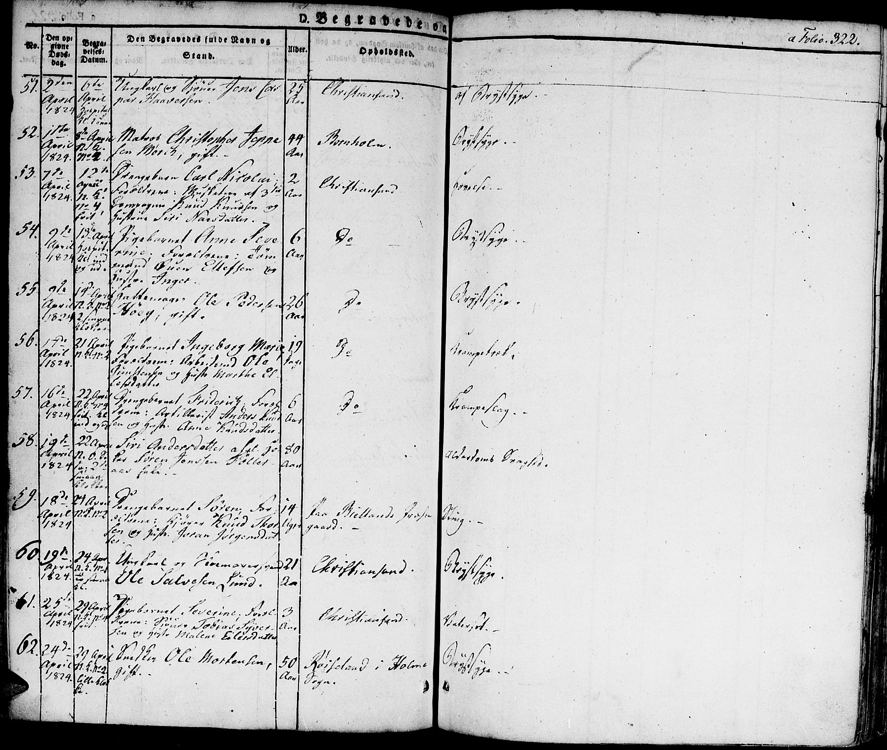 Kristiansand domprosti, SAK/1112-0006/F/Fa/L0009: Parish register (official) no. A 9, 1821-1827, p. 322