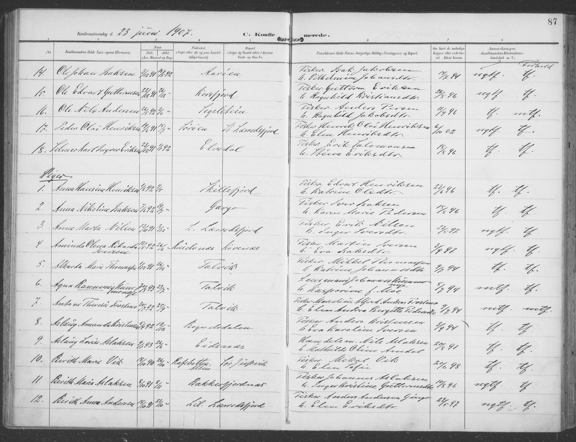 Talvik sokneprestkontor, SATØ/S-1337/H/Ha/L0017kirke: Parish register (official) no. 17, 1906-1915, p. 87
