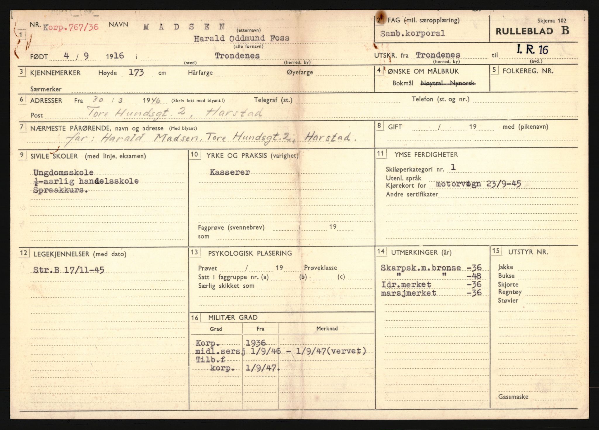 Forsvaret, Troms infanteriregiment nr. 16, AV/RA-RAFA-3146/P/Pa/L0020: Rulleblad for regimentets menige mannskaper, årsklasse 1936, 1936, p. 845