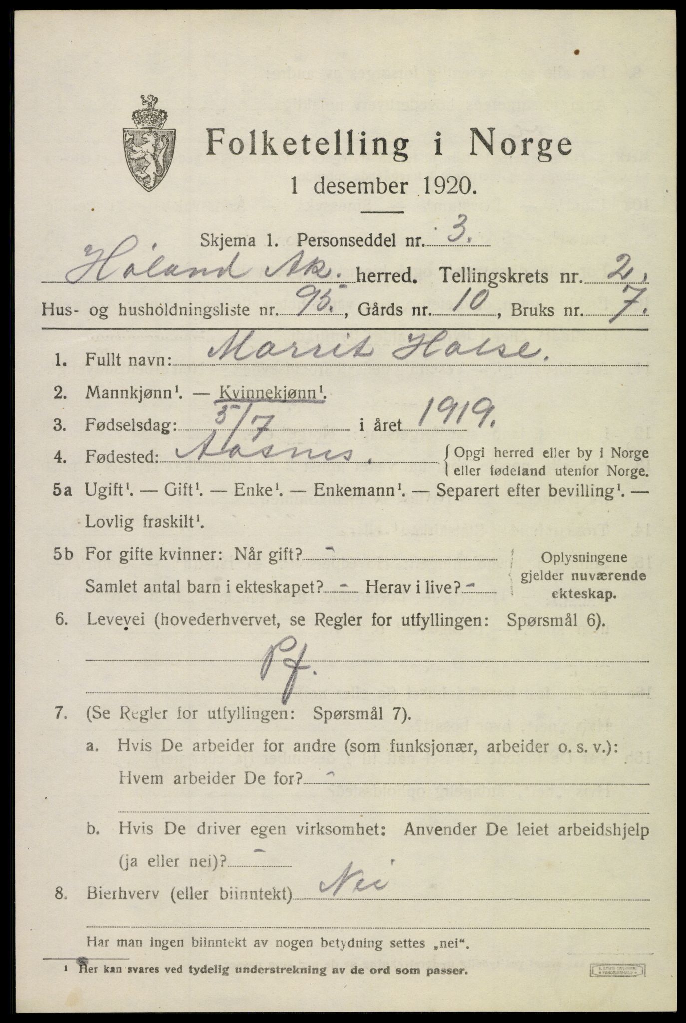 SAO, 1920 census for Høland, 1920, p. 5047