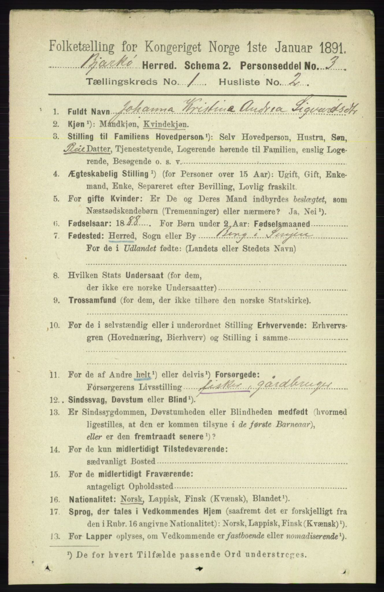 RA, 1891 census for 1915 Bjarkøy, 1891, p. 99