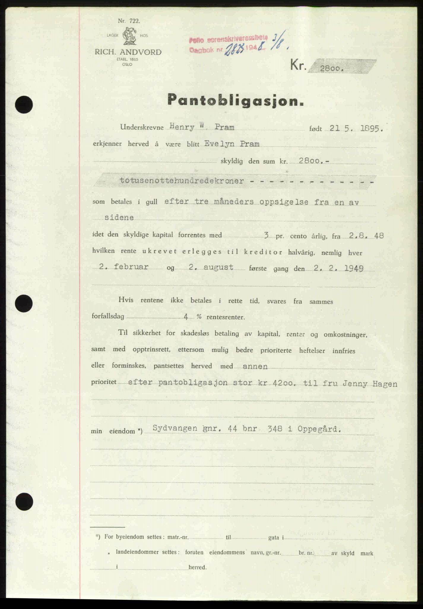 Follo sorenskriveri, SAO/A-10274/G/Ga/Gaa/L0085: Mortgage book no. I 85, 1948-1948, Diary no: : 2823/1948