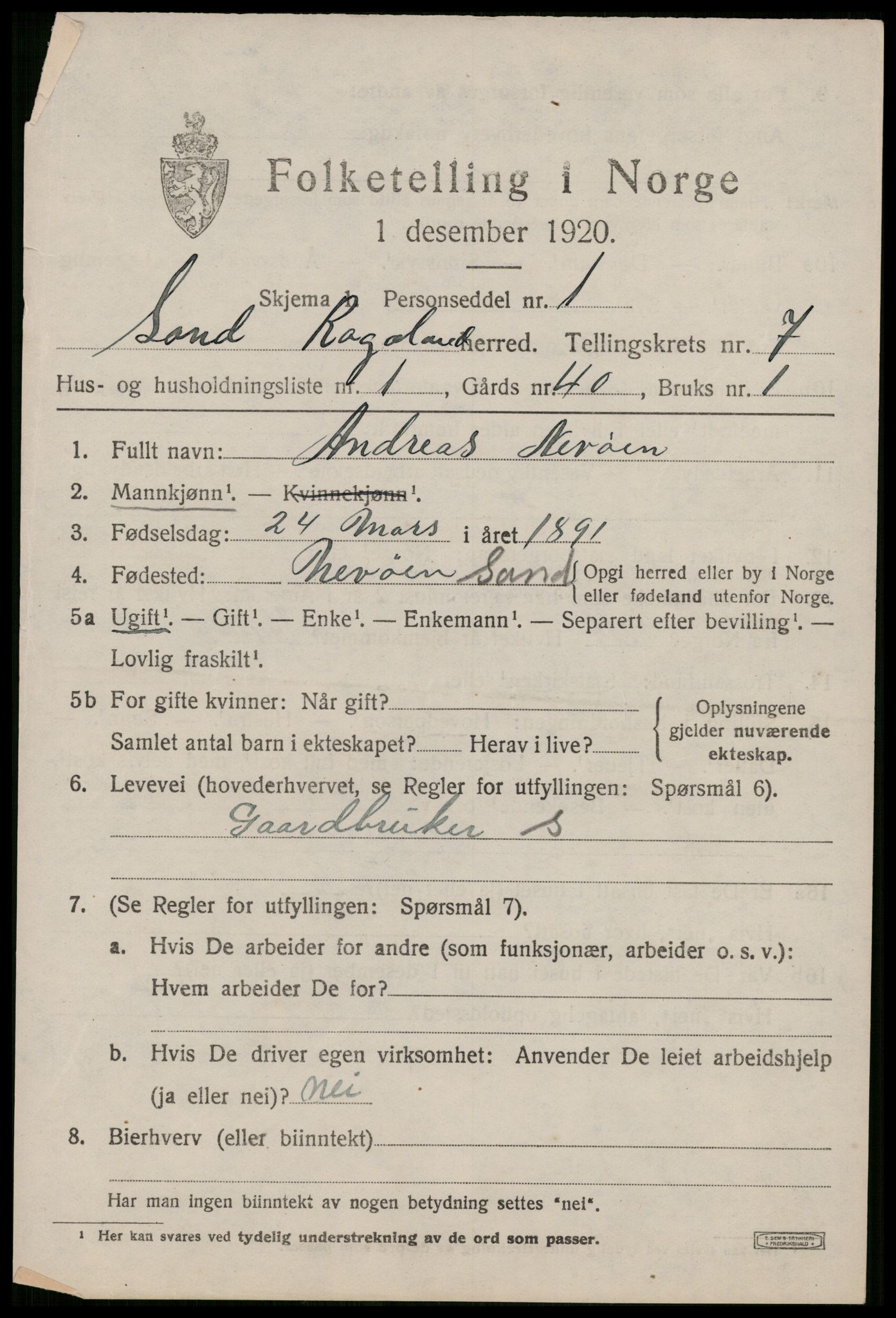 SAST, 1920 census for Sand, 1920, p. 3279