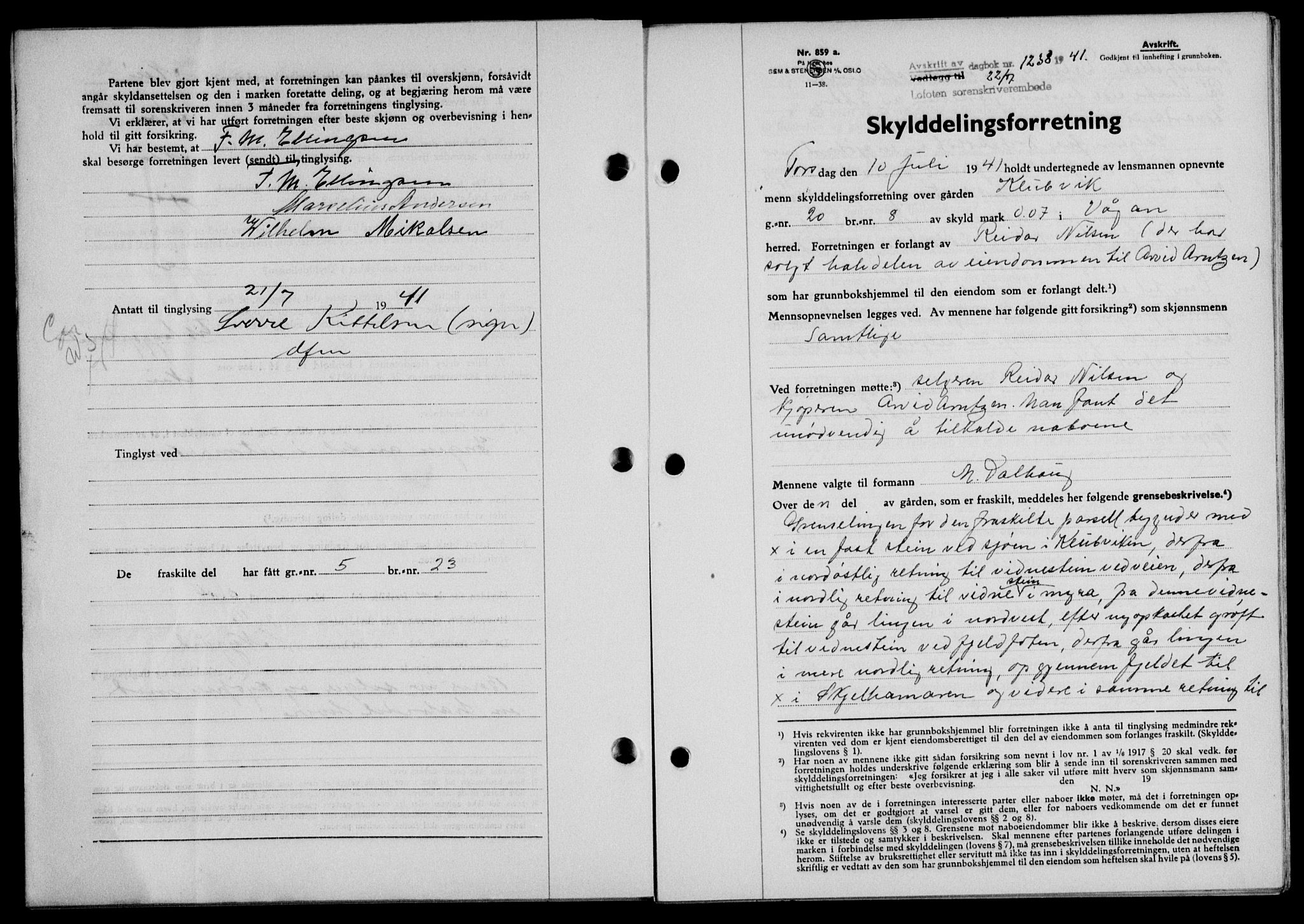 Lofoten sorenskriveri, SAT/A-0017/1/2/2C/L0008a: Mortgage book no. 8a, 1940-1941, Diary no: : 1238/1941