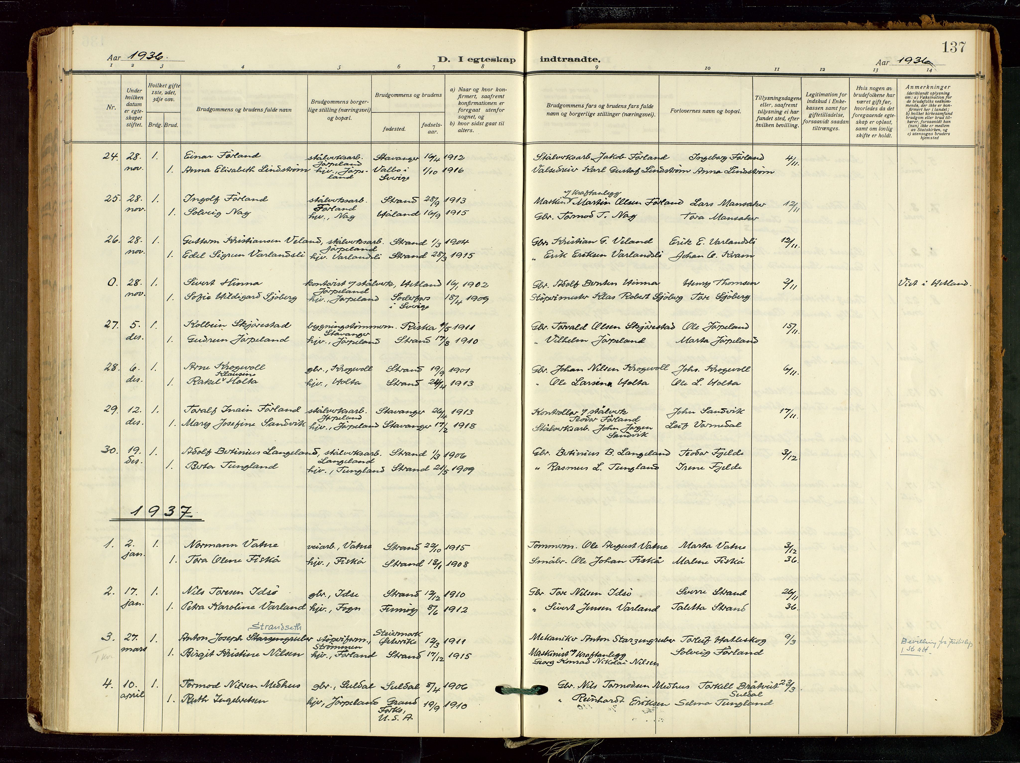 Strand sokneprestkontor, SAST/A-101828/H/Ha/Haa/L0012: Parish register (official) no. A 12, 1927-1946, p. 137