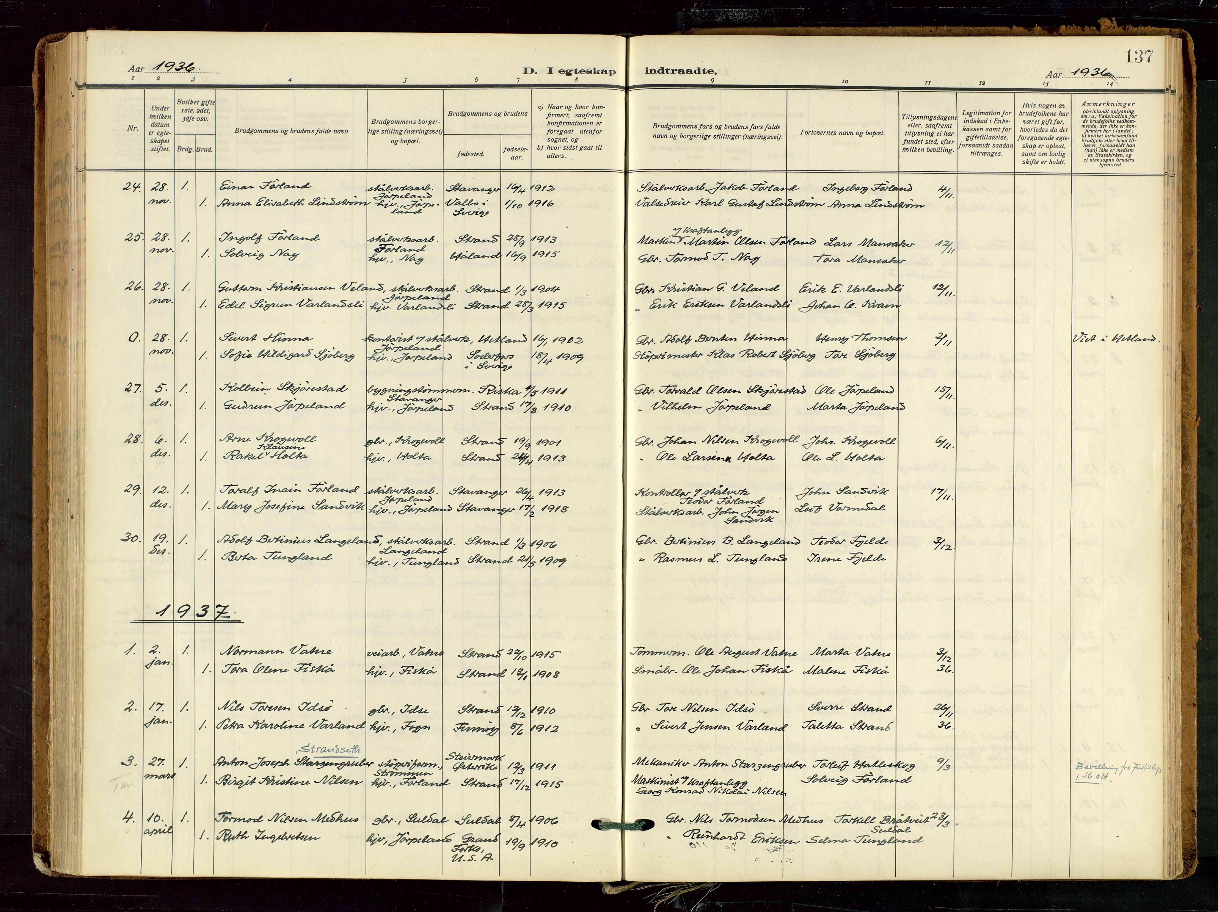 Strand sokneprestkontor, AV/SAST-A-101828/H/Ha/Haa/L0012: Parish register (official) no. A 12, 1927-1946, p. 137