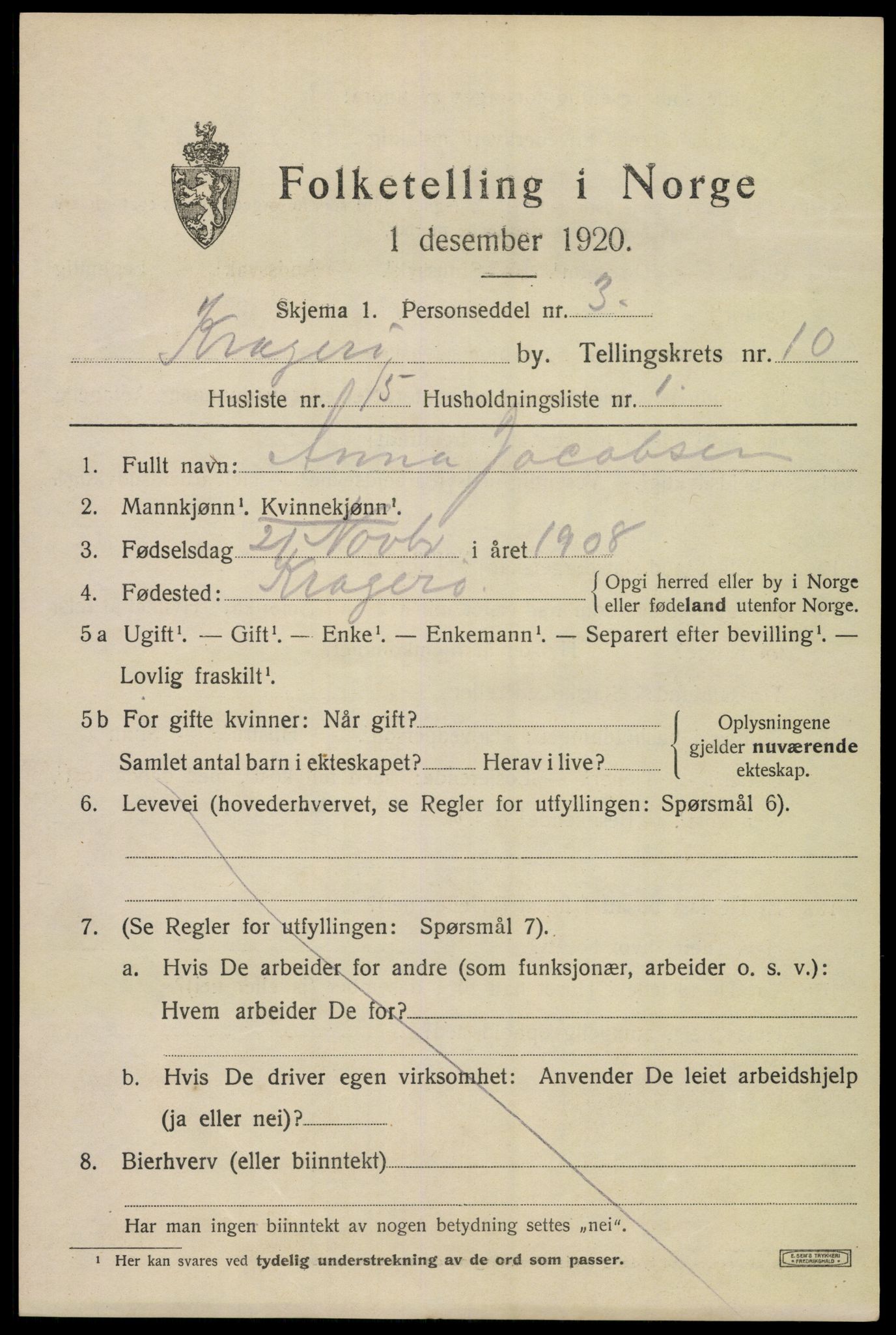 SAKO, 1920 census for Kragerø, 1920, p. 13167