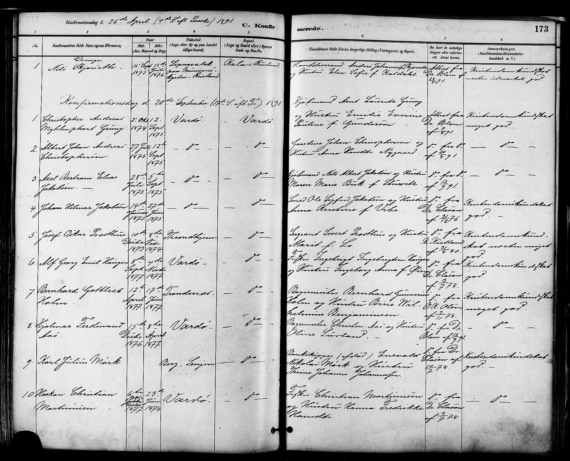 Vardø sokneprestkontor, SATØ/S-1332/H/Ha/L0007kirke: Parish register (official) no. 7, 1886-1897, p. 173