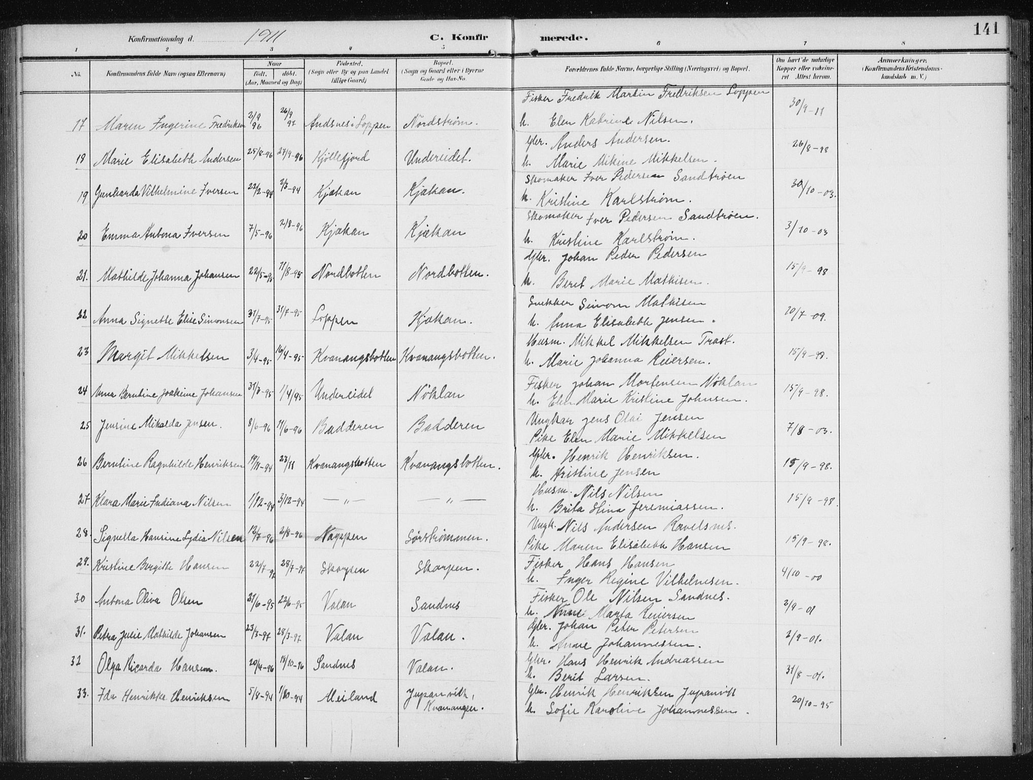 Skjervøy sokneprestkontor, AV/SATØ-S-1300/H/Ha/Hab/L0017klokker: Parish register (copy) no. 17, 1906-1941, p. 141