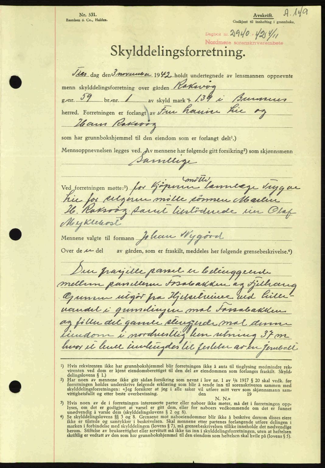 Nordmøre sorenskriveri, AV/SAT-A-4132/1/2/2Ca: Mortgage book no. A94, 1942-1943, Diary no: : 2940/1942