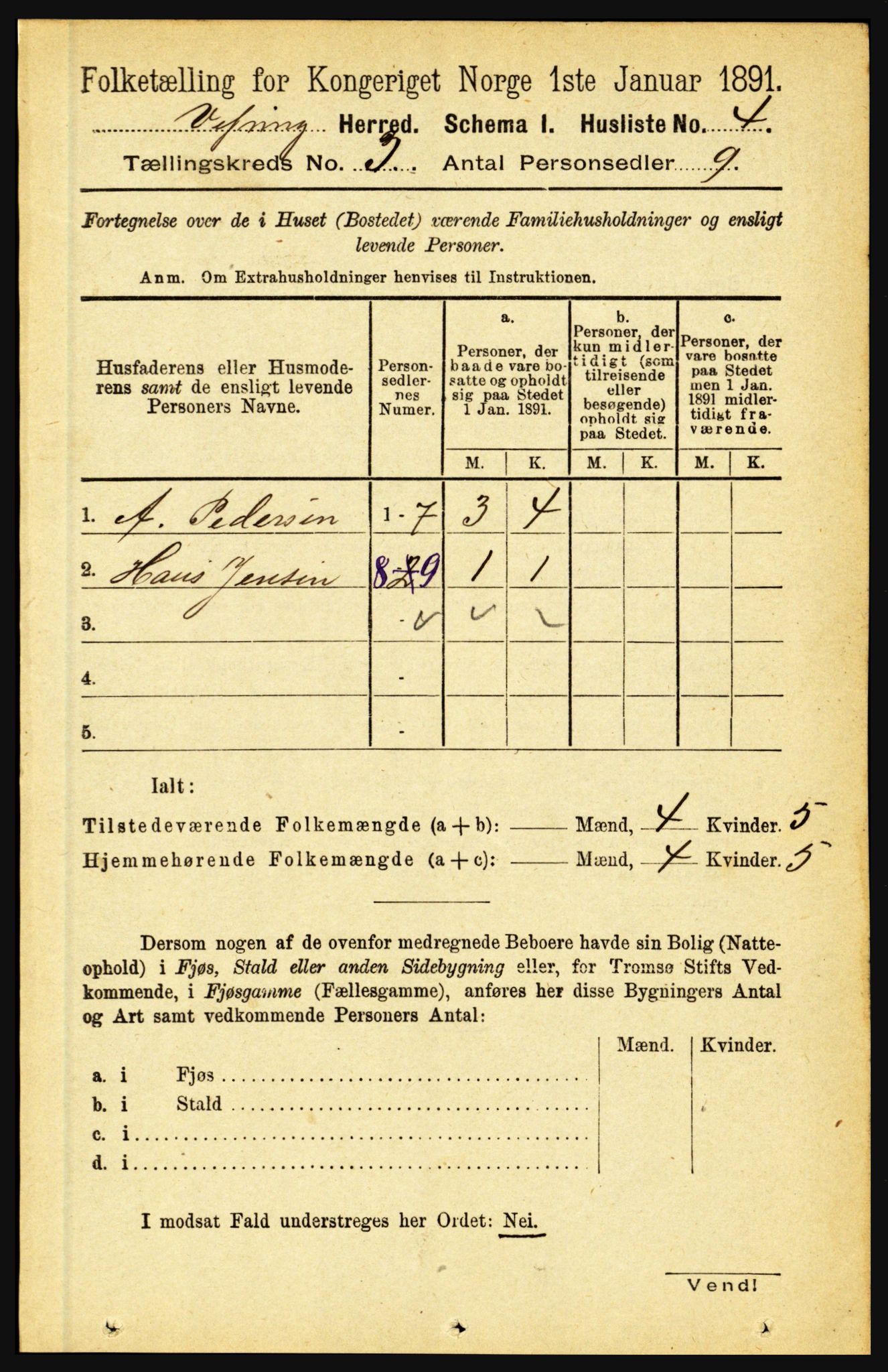 RA, 1891 census for 1434 Vevring, 1891, p. 727