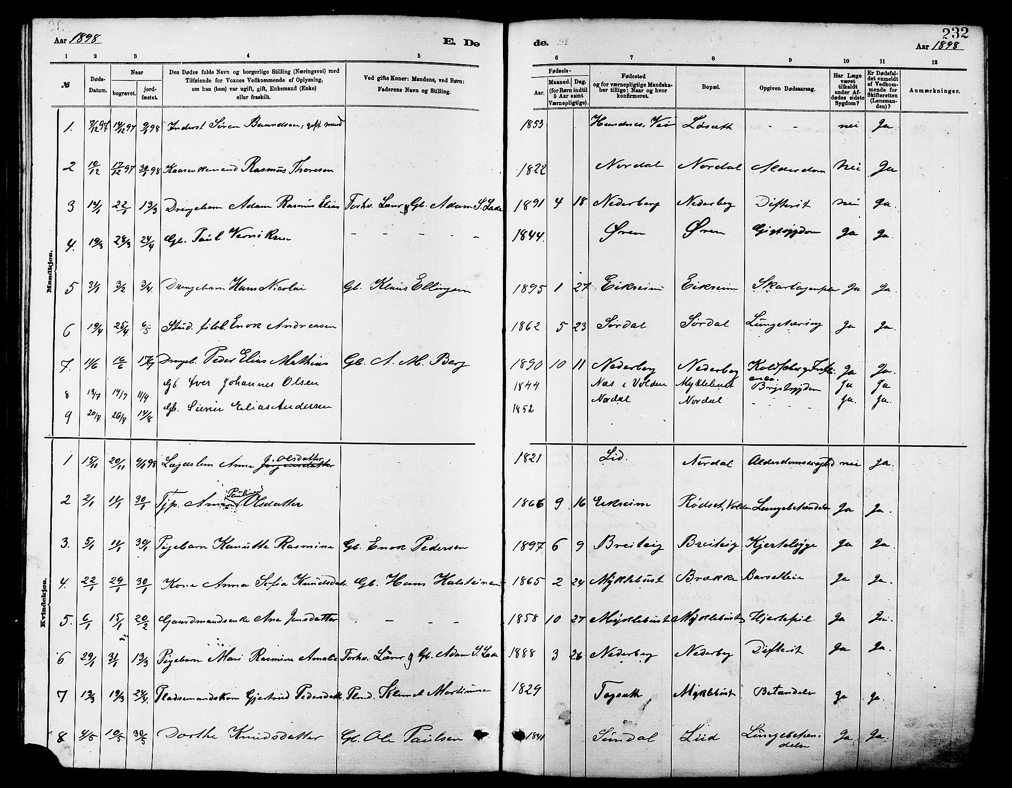 Ministerialprotokoller, klokkerbøker og fødselsregistre - Møre og Romsdal, AV/SAT-A-1454/502/L0027: Parish register (copy) no. 502C01, 1878-1908, p. 232