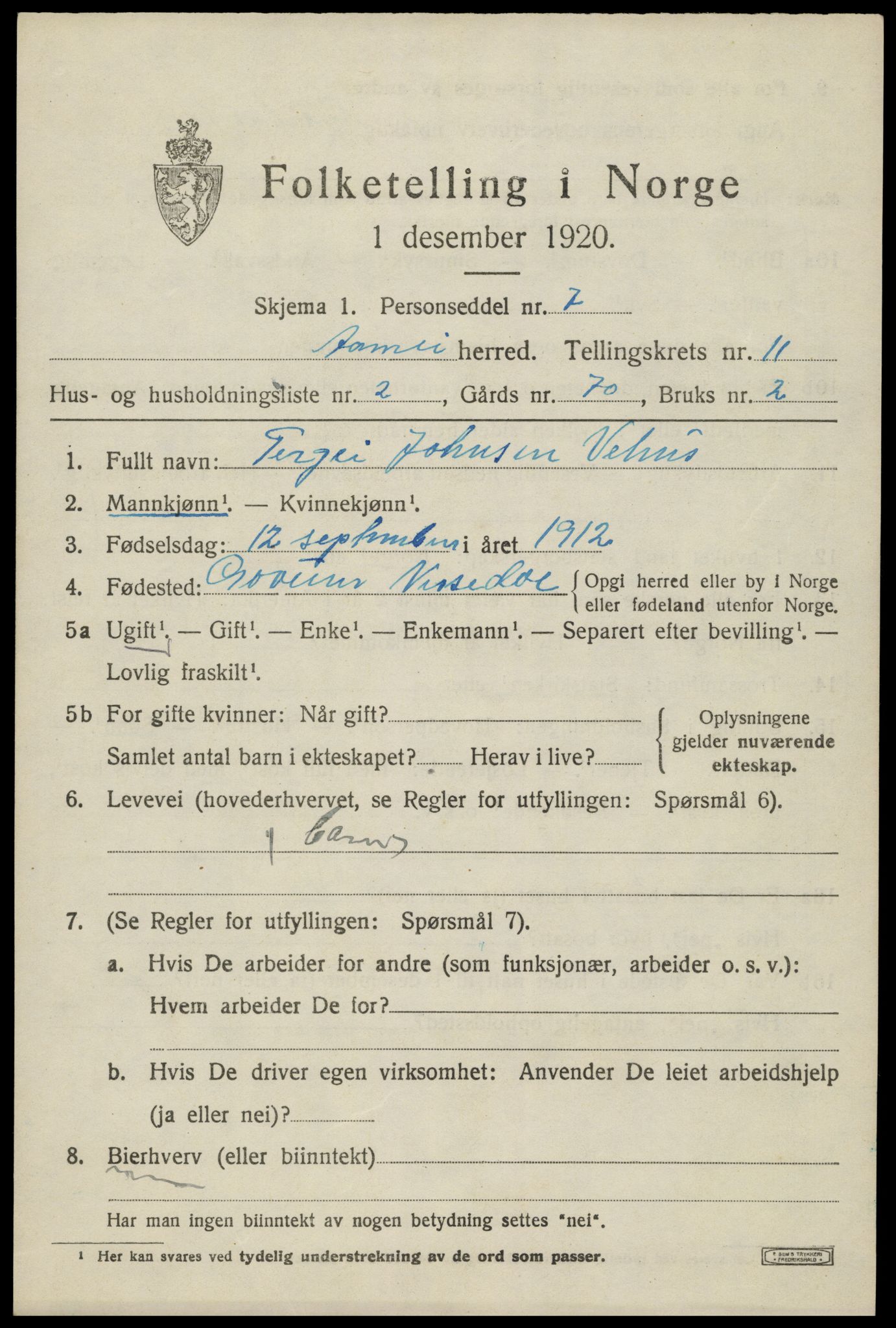 SAK, 1920 census for Åmli, 1920, p. 4217