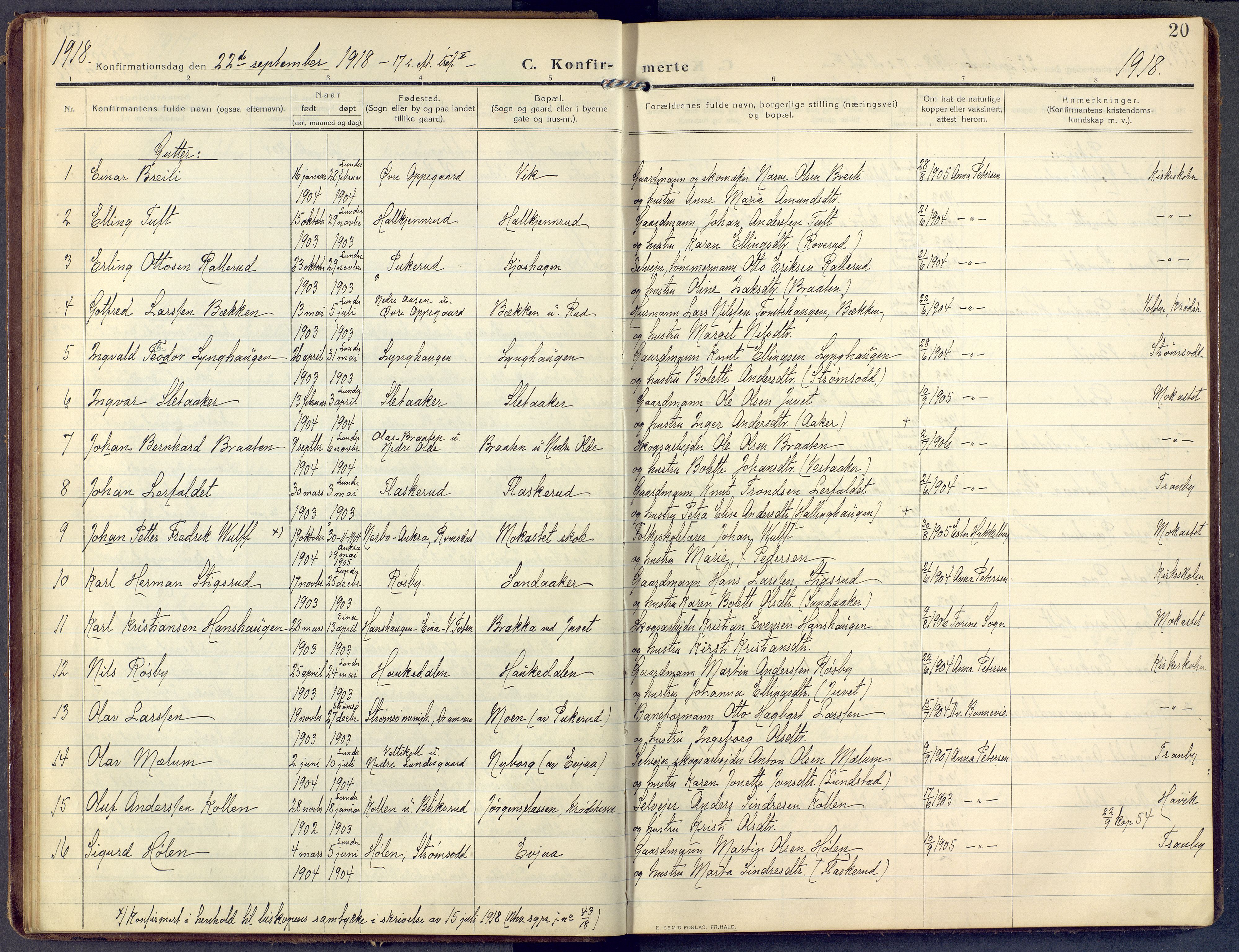 Lunder kirkebøker, AV/SAKO-A-629/F/Fa/L0002: Parish register (official) no. I 2, 1906-1947, p. 20