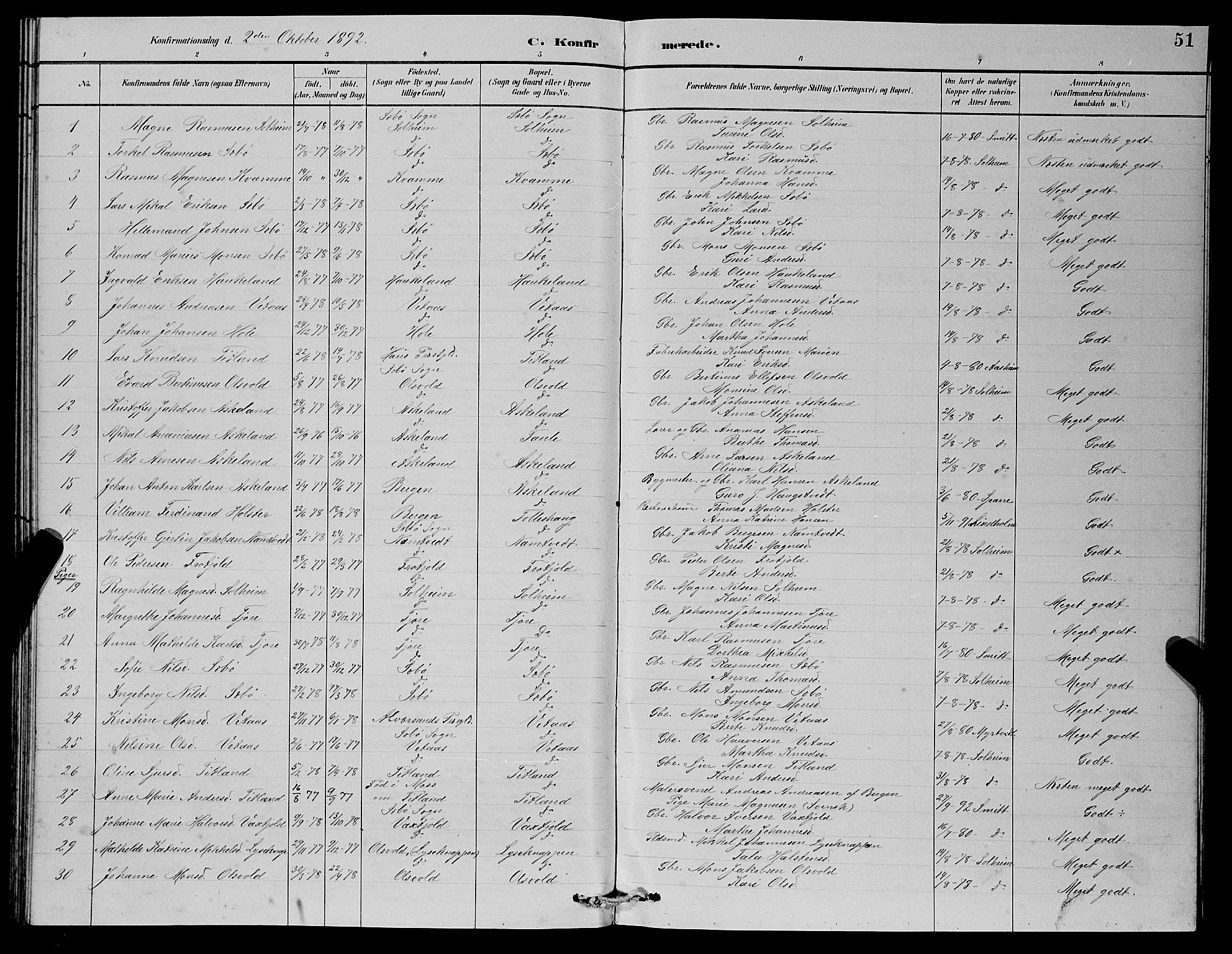 Manger sokneprestembete, SAB/A-76801/H/Hab: Parish register (copy) no. D 2, 1883-1894, p. 51