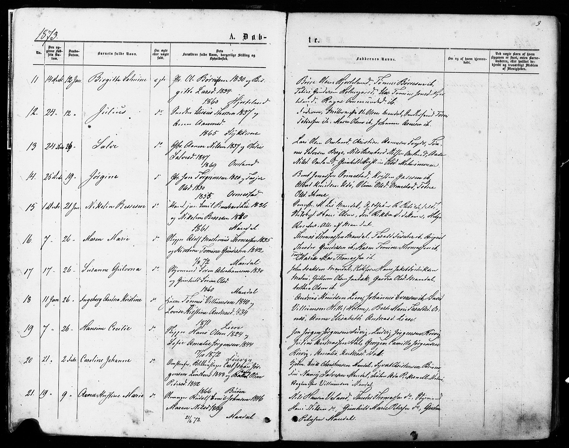 Mandal sokneprestkontor, SAK/1111-0030/F/Fa/Faa/L0015: Parish register (official) no. A 15, 1873-1879, p. 3