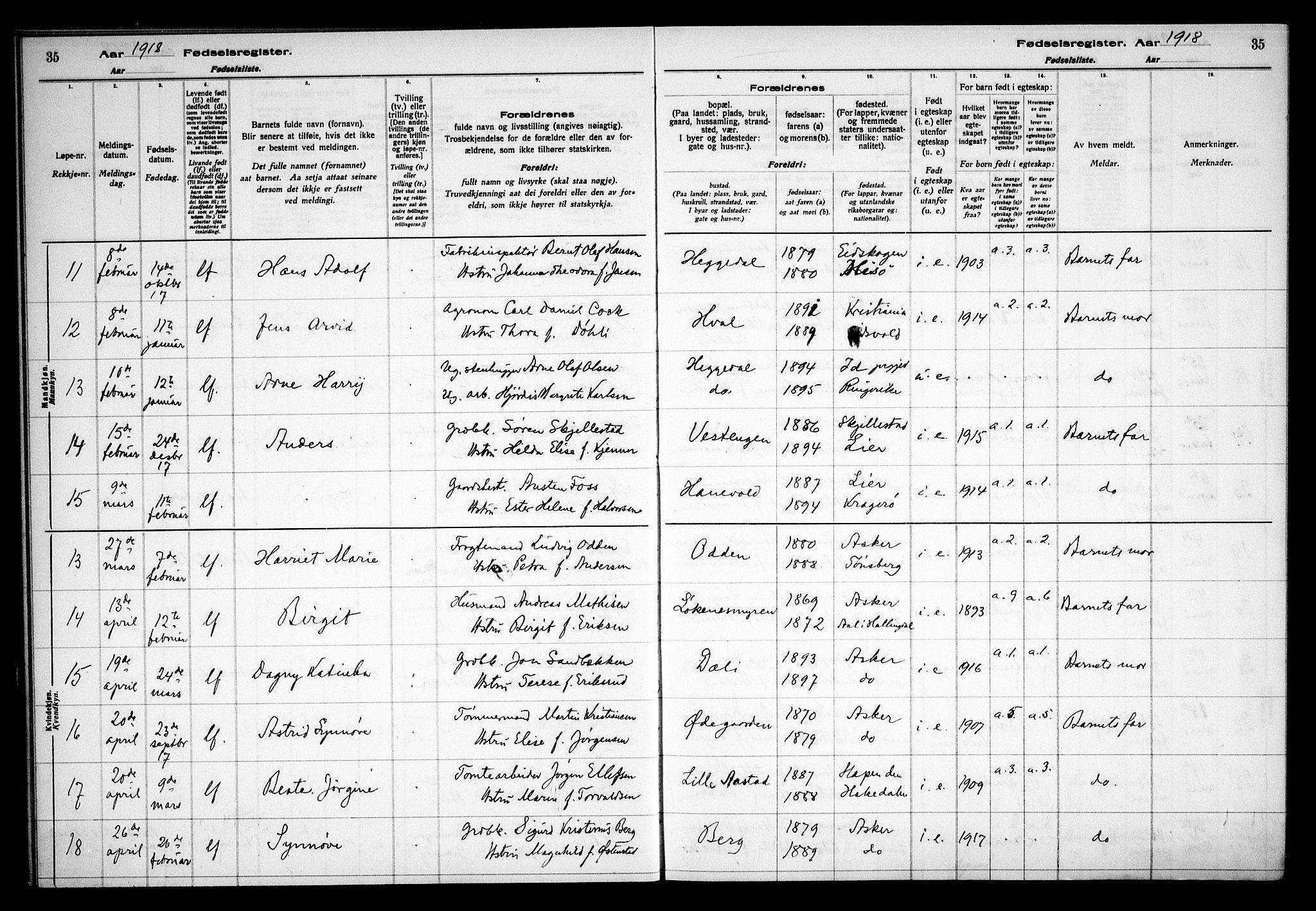 Asker prestekontor Kirkebøker, AV/SAO-A-10256a/J/L0001: Birth register no. 1, 1916-1925, p. 35