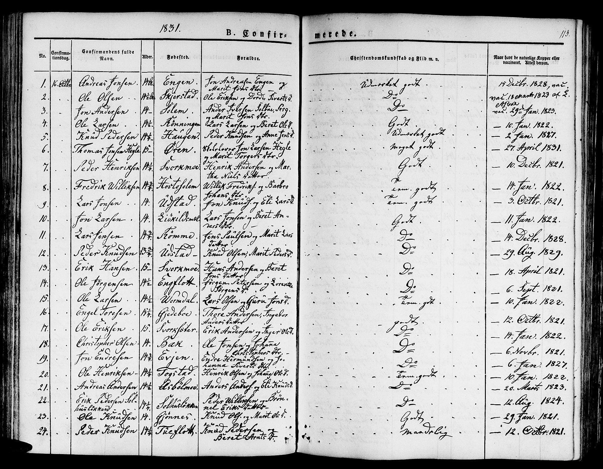 Ministerialprotokoller, klokkerbøker og fødselsregistre - Sør-Trøndelag, SAT/A-1456/668/L0804: Parish register (official) no. 668A04, 1826-1839, p. 113